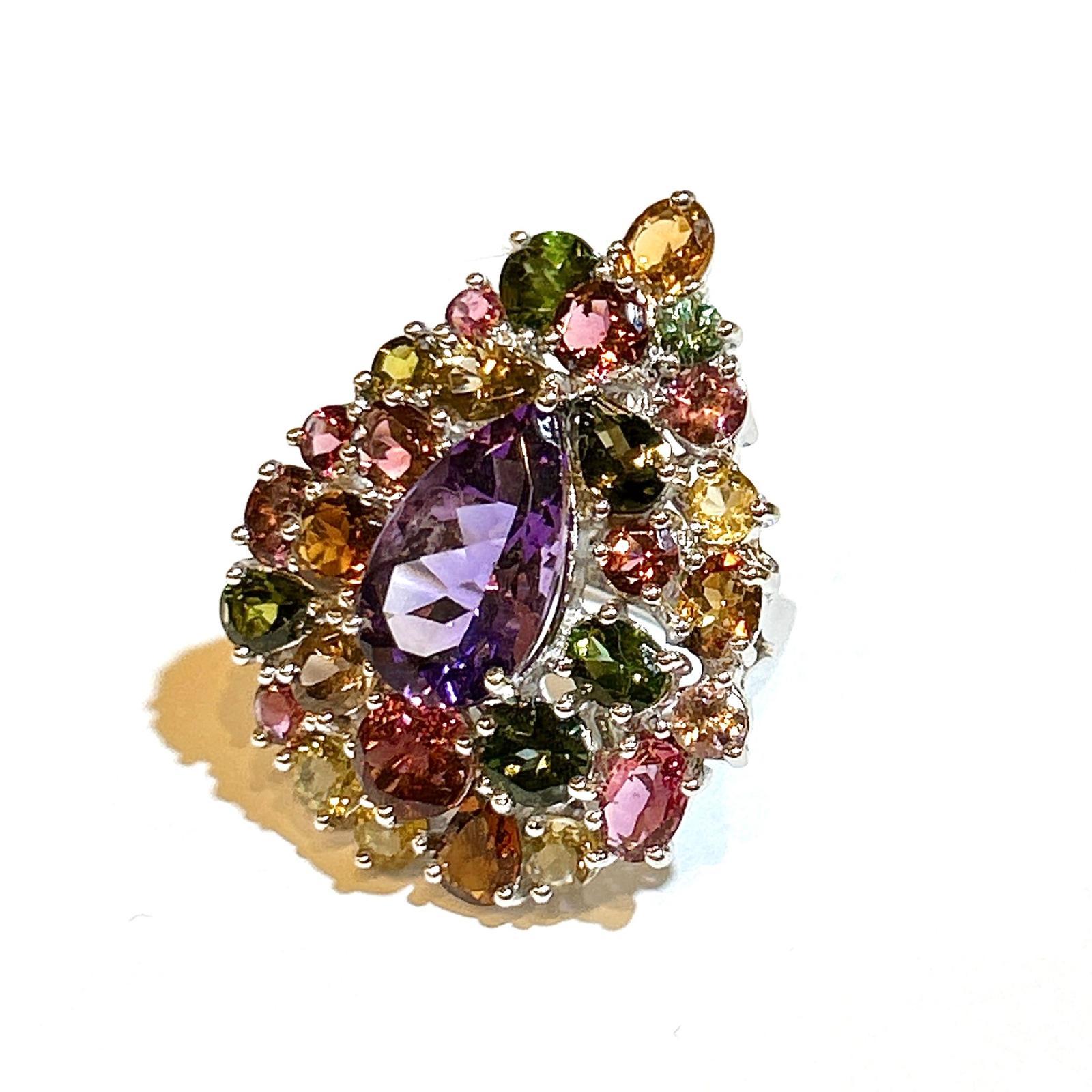 Bochic “Orient” Amethyst & Multi Tourmaline Cocktail Ring 18K Gold & Silver For Sale 1