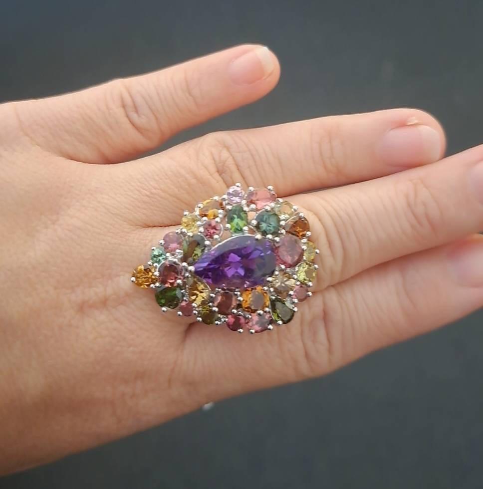 Bochic “Orient” Amethyst & Multi Tourmaline Cocktail Ring 18K Gold & Silver For Sale 2