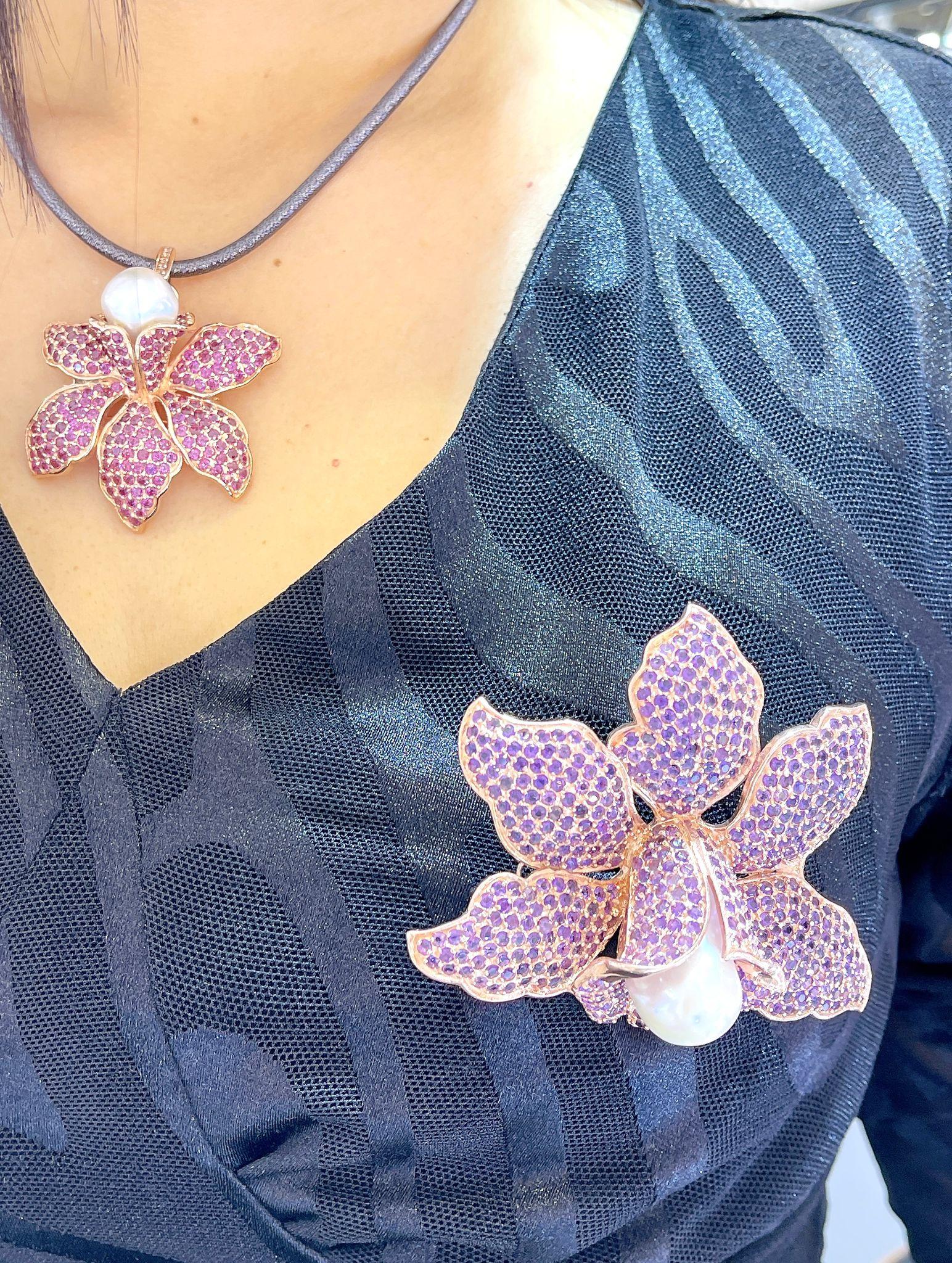Bochic “Orient” Amethyst & Pearl Large Brooch, Pendant Set In 18K Gold & Silver For Sale 6