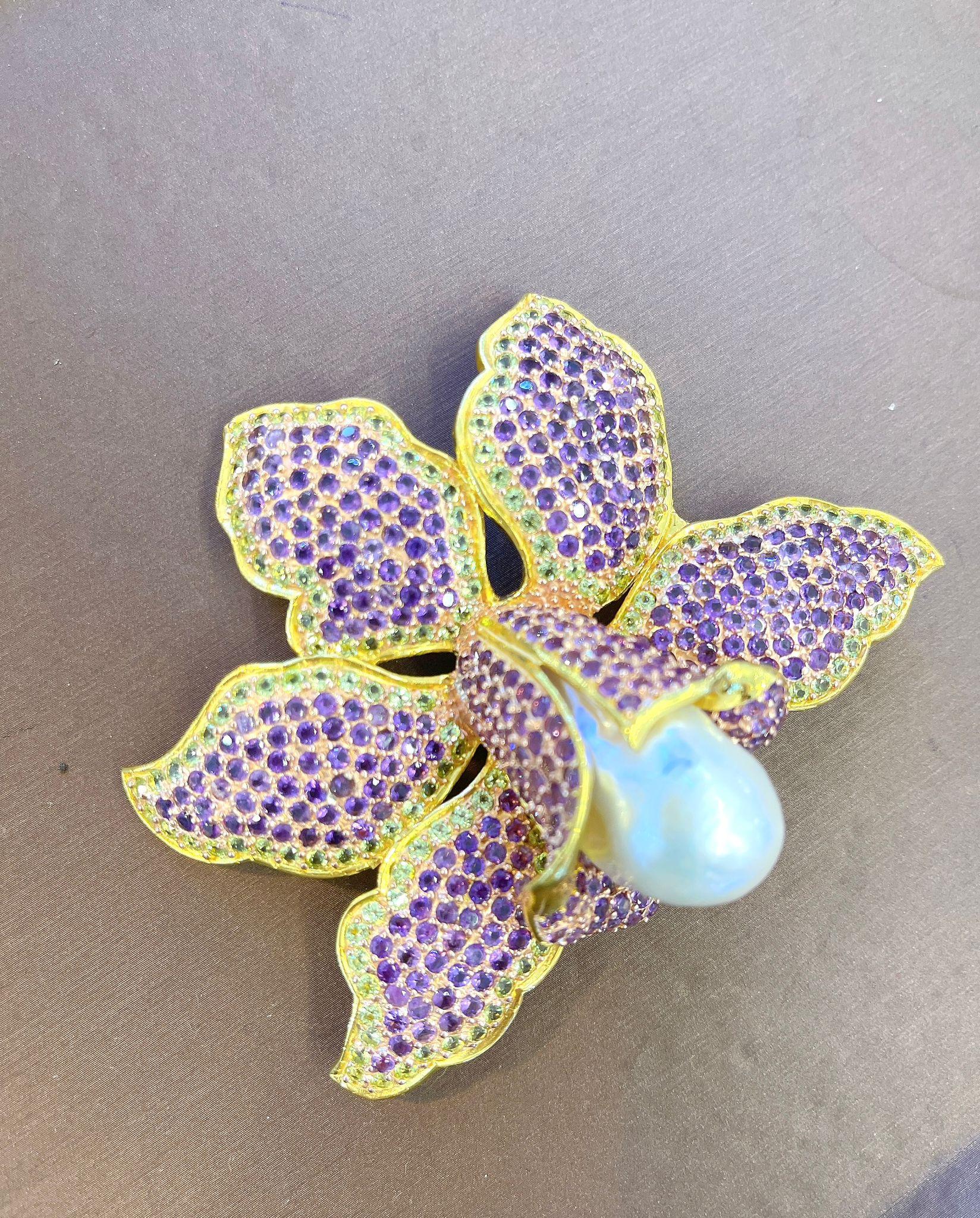 Bochic “Orient” Amethyst & Pearl Large Brooch, Pendant Set In 18K Gold & Silver For Sale 2