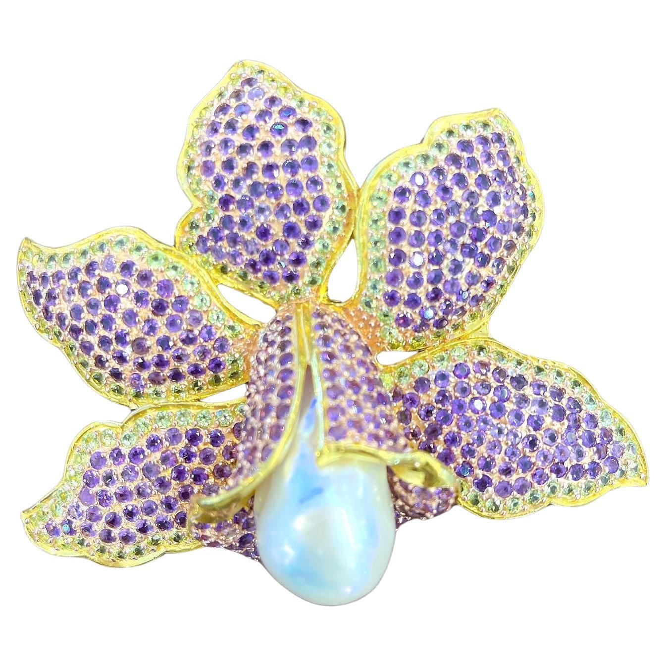 Bochic “Orient” Amethyst & Pearl Large Brooch, Pendant Set In 18K Gold & Silver