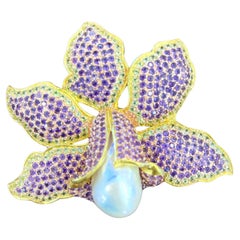 Bochic “Orient” Amethyst & Pearl Large Brooch, Pendant Set In 18K Gold & Silver