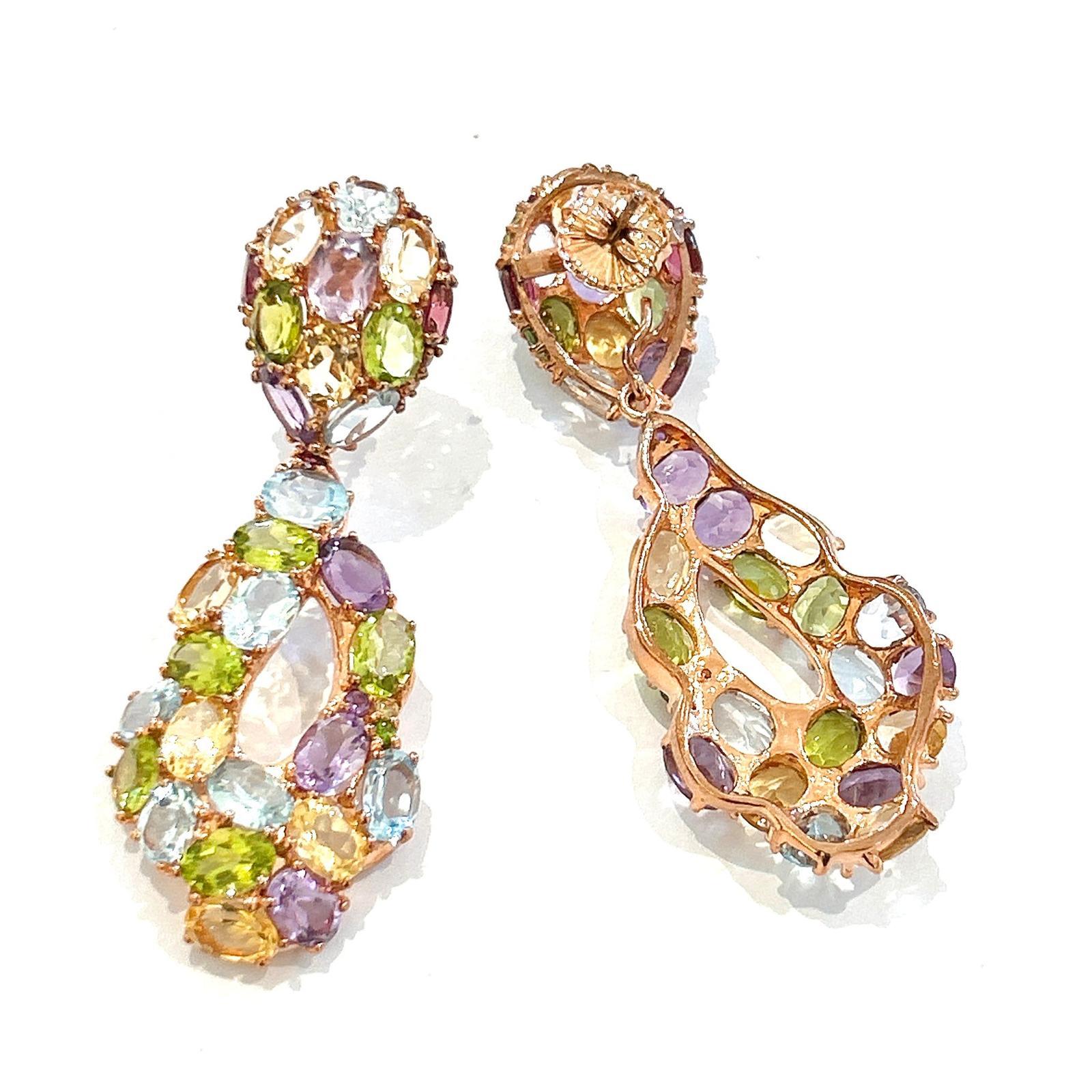 Art Deco Bochic “Orient” Amethyst, Peridot, Citrine & Topaz Earrings Set 18K Gold&Silver For Sale
