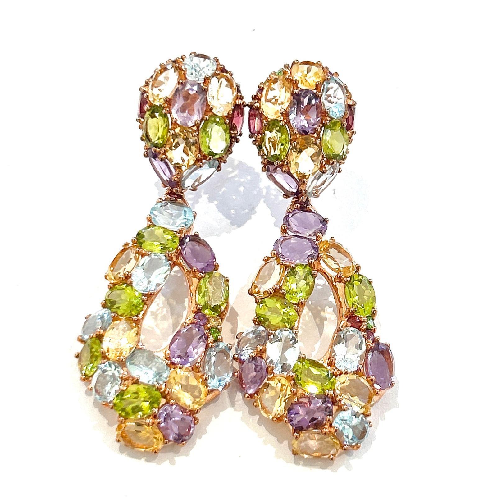 Brilliant Cut Bochic “Orient” Amethyst, Peridot, Citrine & Topaz Earrings Set 18K Gold&Silver For Sale