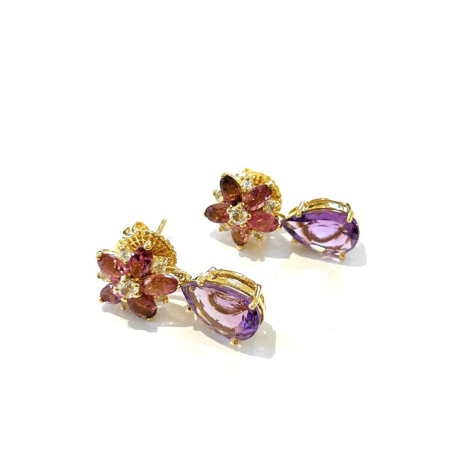 Bochic “Orient” Amethyst & Rose Rodorite Earrings Set In 18K Gold & Silver 

Natural White Topaz  - 1 carat  
Natural Pear Shape Amethyst - 5 carat 
Natural Rose Rodorite - 5 carat 

The earrings from the 