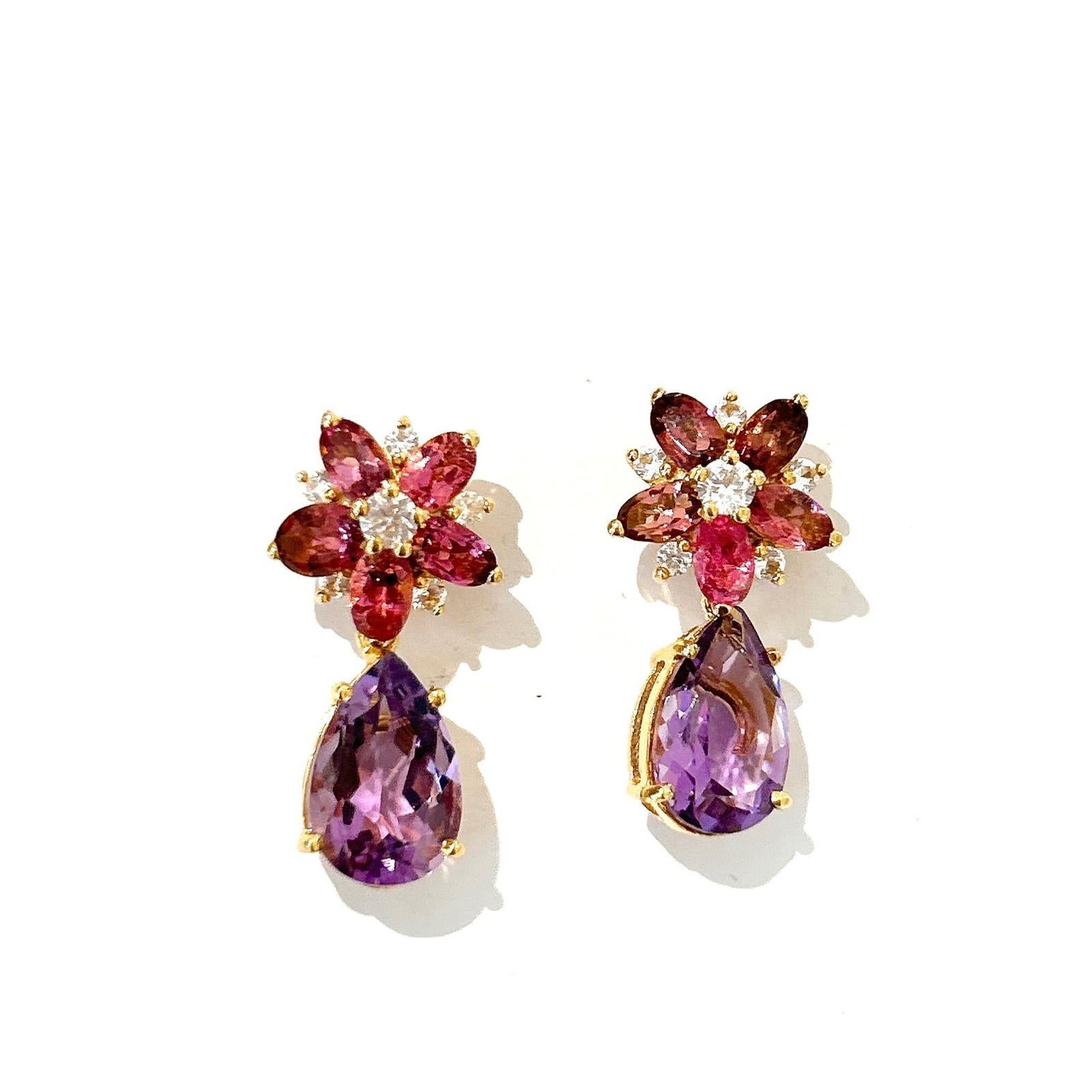 Pear Cut Bochic “Orient” Amethyst & Rose Rodorite Earrings Set In 18K Gold & Silver For Sale