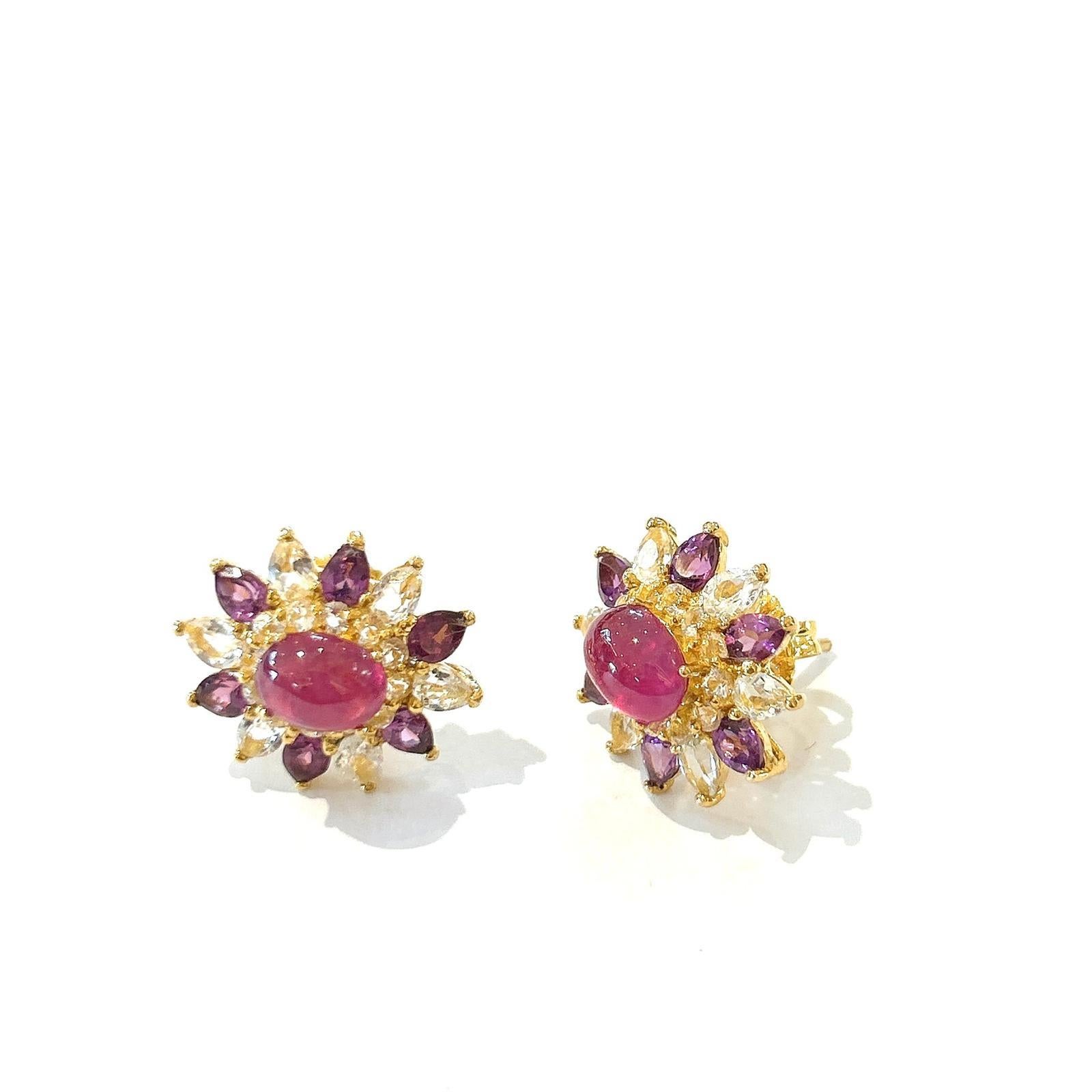 Women's or Men's Bochic “Orient” Amethyst, Ruby & Topaz Set In 18K Gold & Silver Earrings For Sale