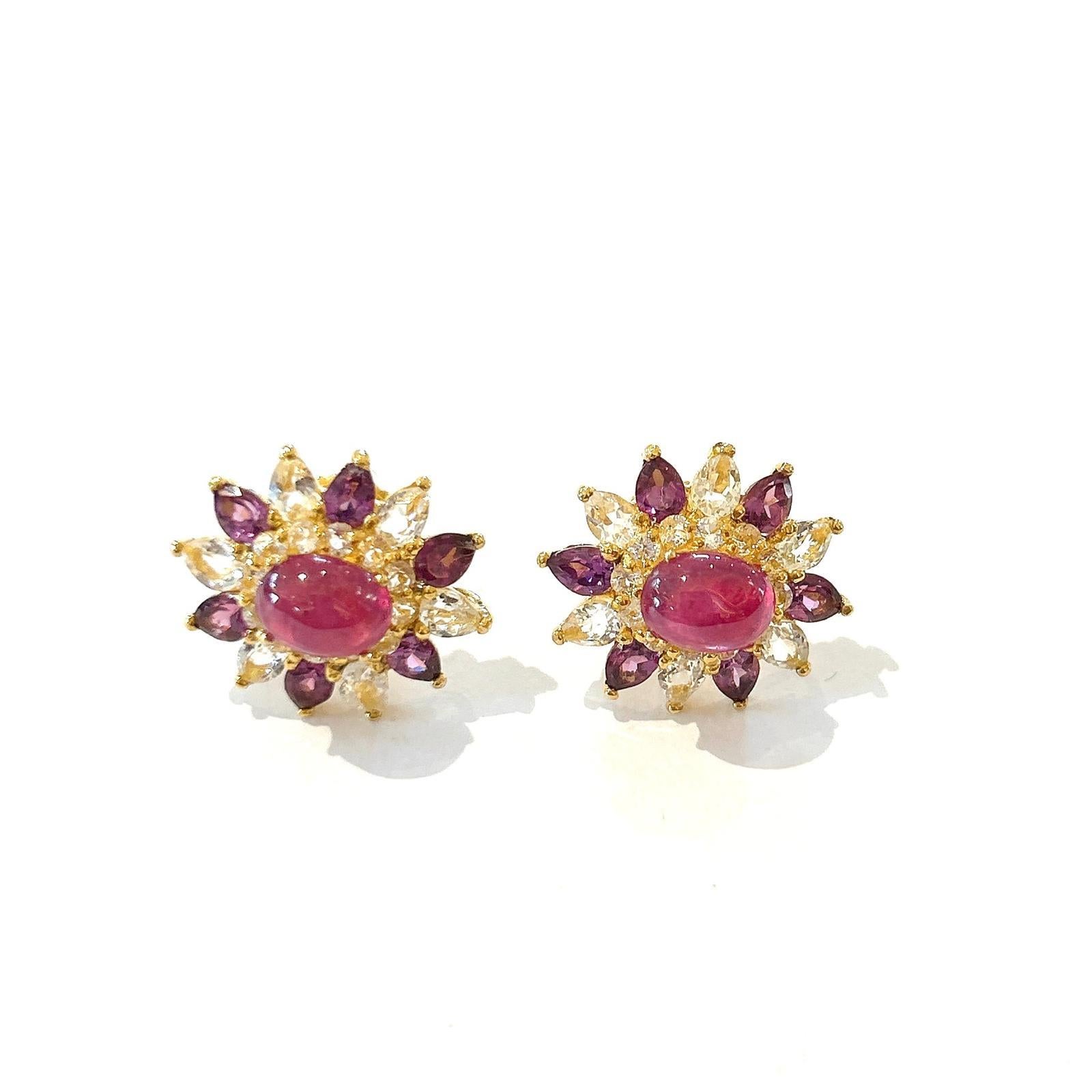 Bochic “Orient” Amethyst, Ruby & Topaz Set In 18K Gold & Silver Earrings For Sale 1