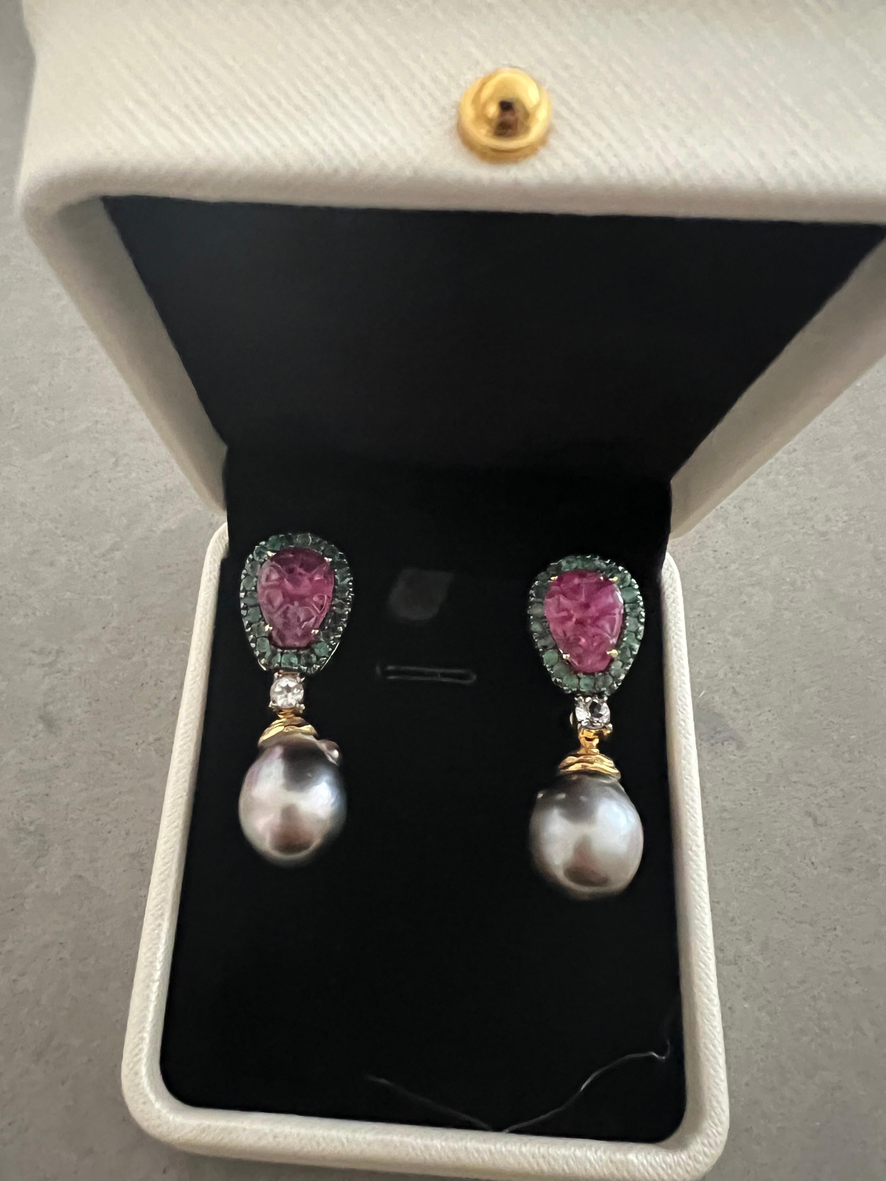 Bochic “Orient” Amethyst, Ruby & Topaz Set In 18K Gold & Silver Earrings For Sale 2
