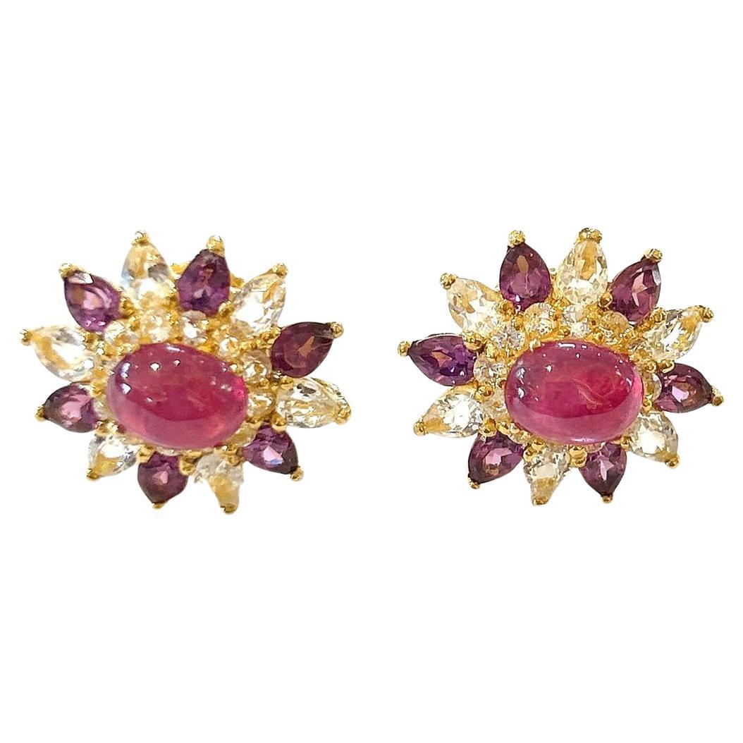 Bochic “Orient” Amethyst, Ruby & Topaz Set In 18K Gold & Silver Earrings