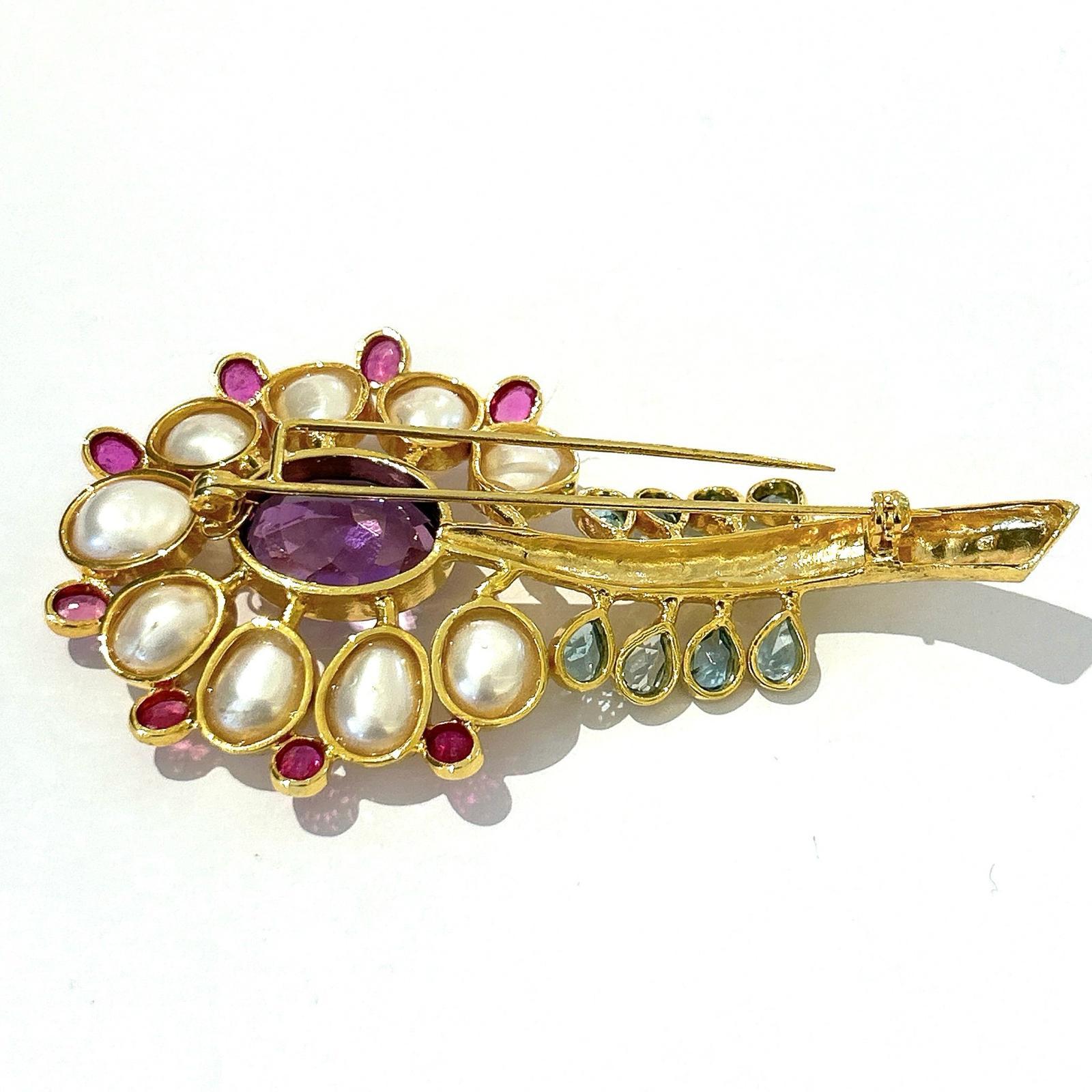 Oval Cut Bochic “Orient” Amethyst, Topaz, Pearl & Ruby Brooch Set In 18K Gold & Silver  For Sale