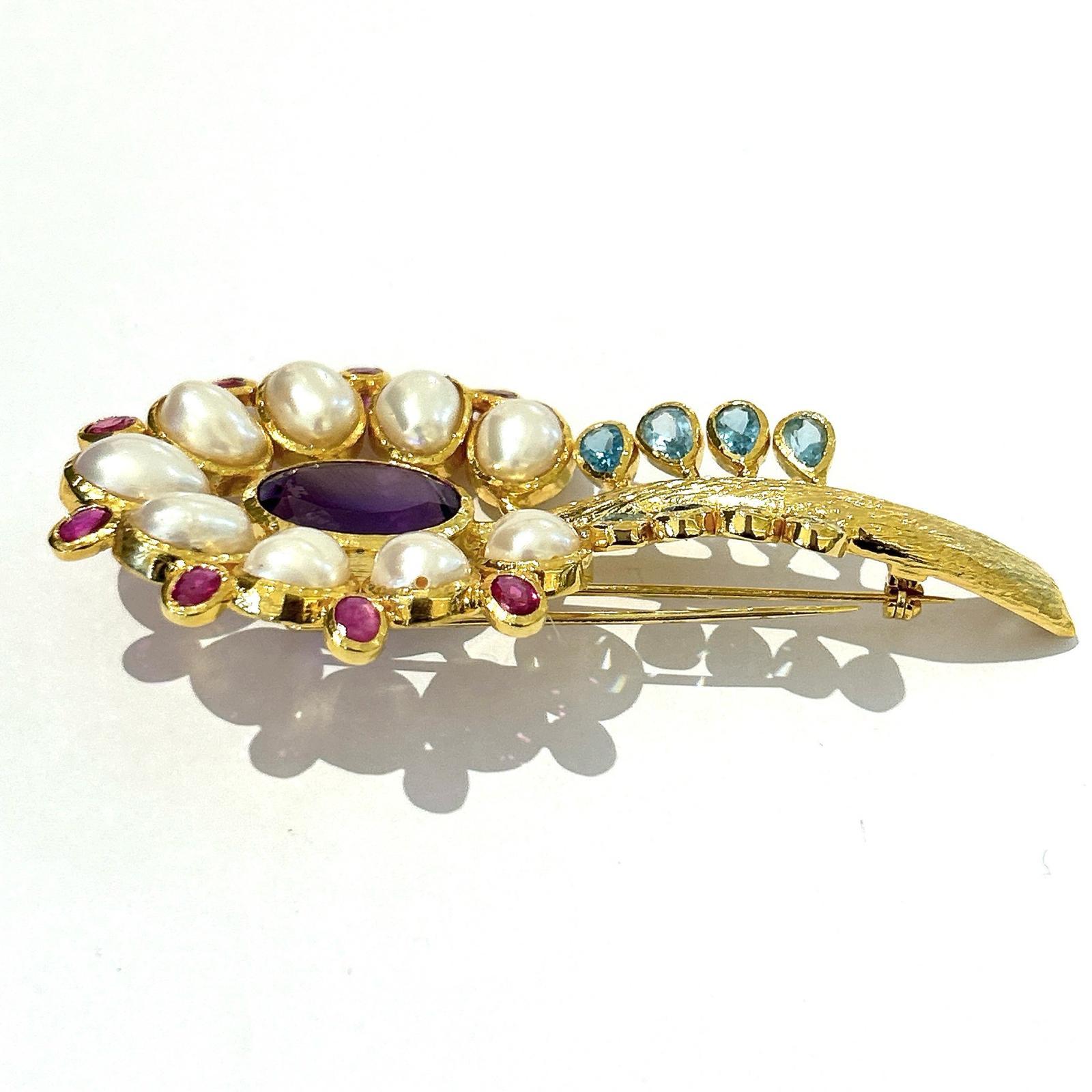 Bochic “Orient” Amethyst, Topaz, Pearl & Ruby Brooch Set In 18K Gold & Silver  In New Condition For Sale In New York, NY