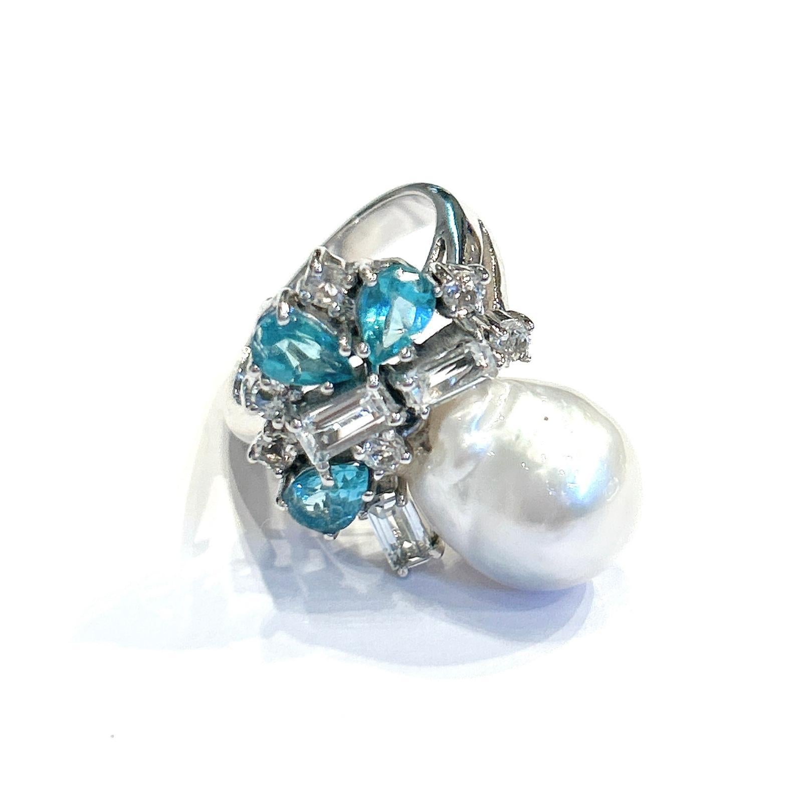 Bochic Orient Appetit, Topas & Perle Cocktail-Ring aus 18 Karat Gold und Silber (Barock) im Angebot