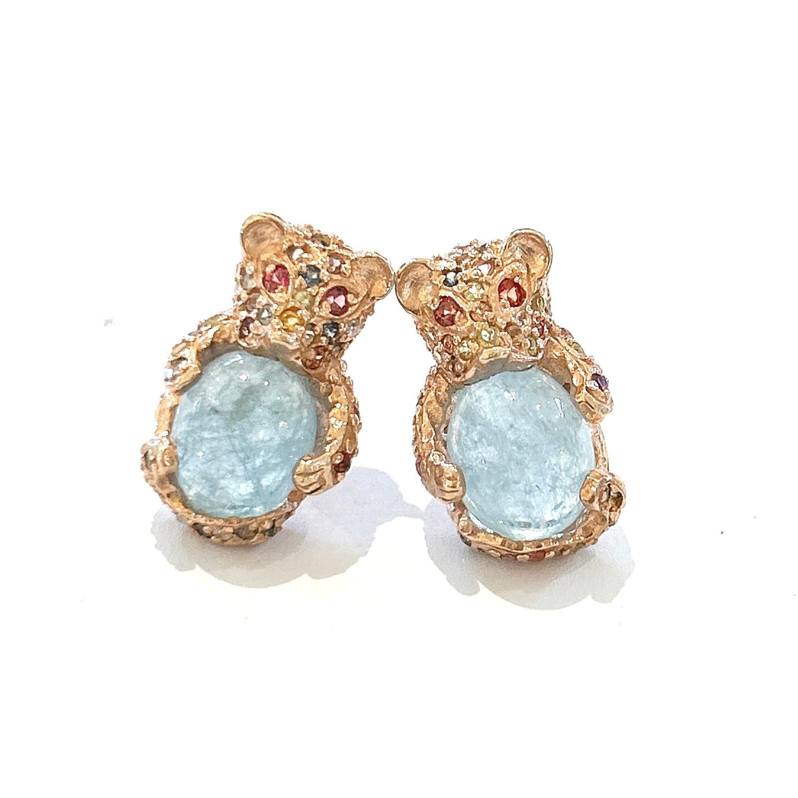Belle Époque Bochic “Orient” Aquamarine  & Multi Sapphire Earrings Set In 18K Gold & Silver For Sale
