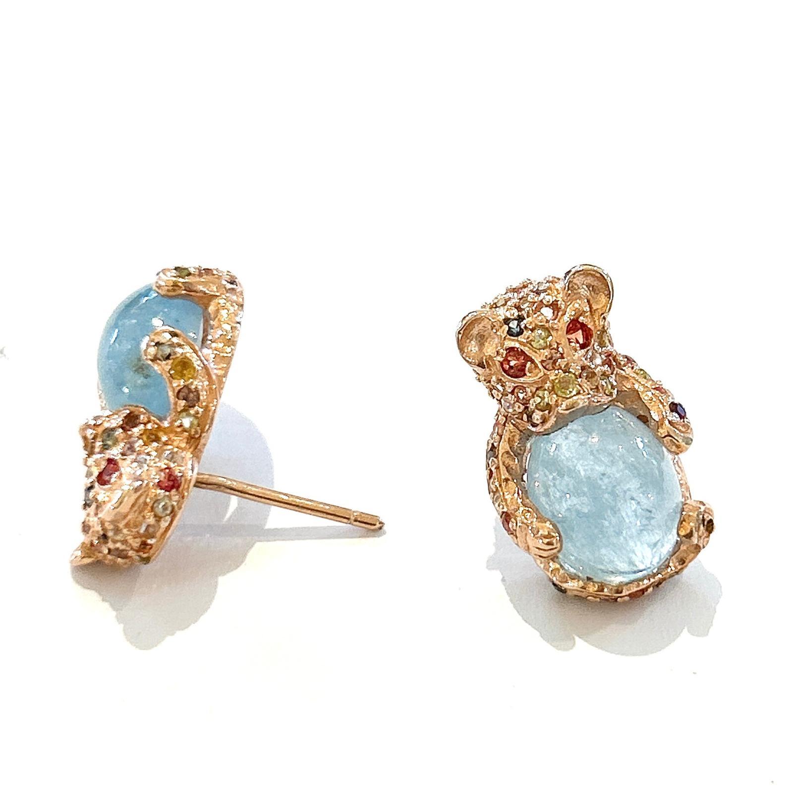 Cabochon Bochic “Orient” Aquamarine  & Multi Sapphire Earrings Set In 18K Gold & Silver For Sale