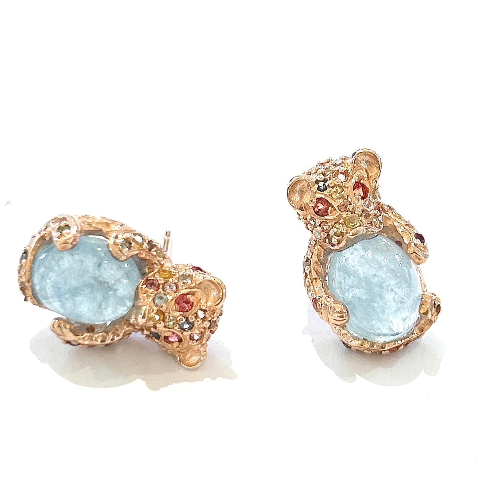 Women's or Men's Bochic “Orient” Aquamarine  & Multi Sapphire Earrings Set In 18K Gold & Silver For Sale