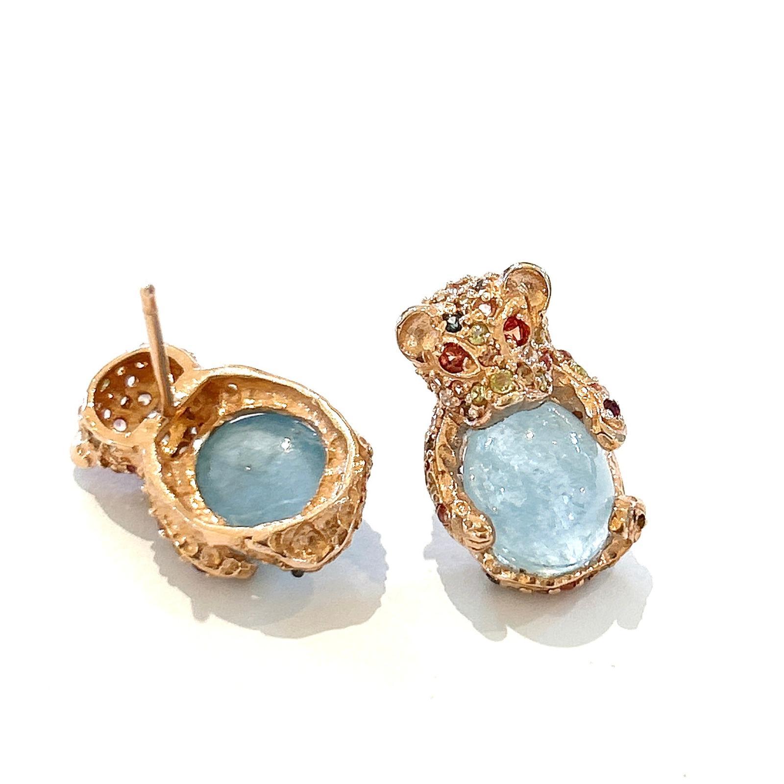 Bochic “Orient” Aquamarine  & Multi Sapphire Earrings Set In 18K Gold & Silver For Sale 2