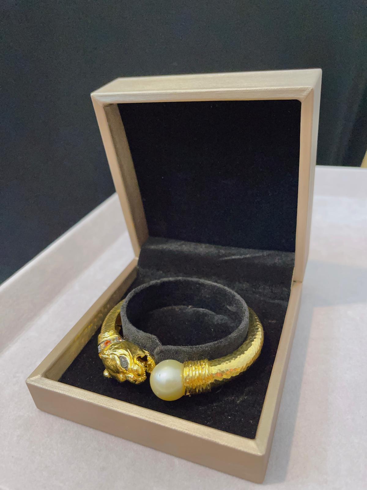 Brilliant Cut Bochic “Orient” Bangle, Sapphire & South Sea Pearl Set in 22 Gold & Silver For Sale