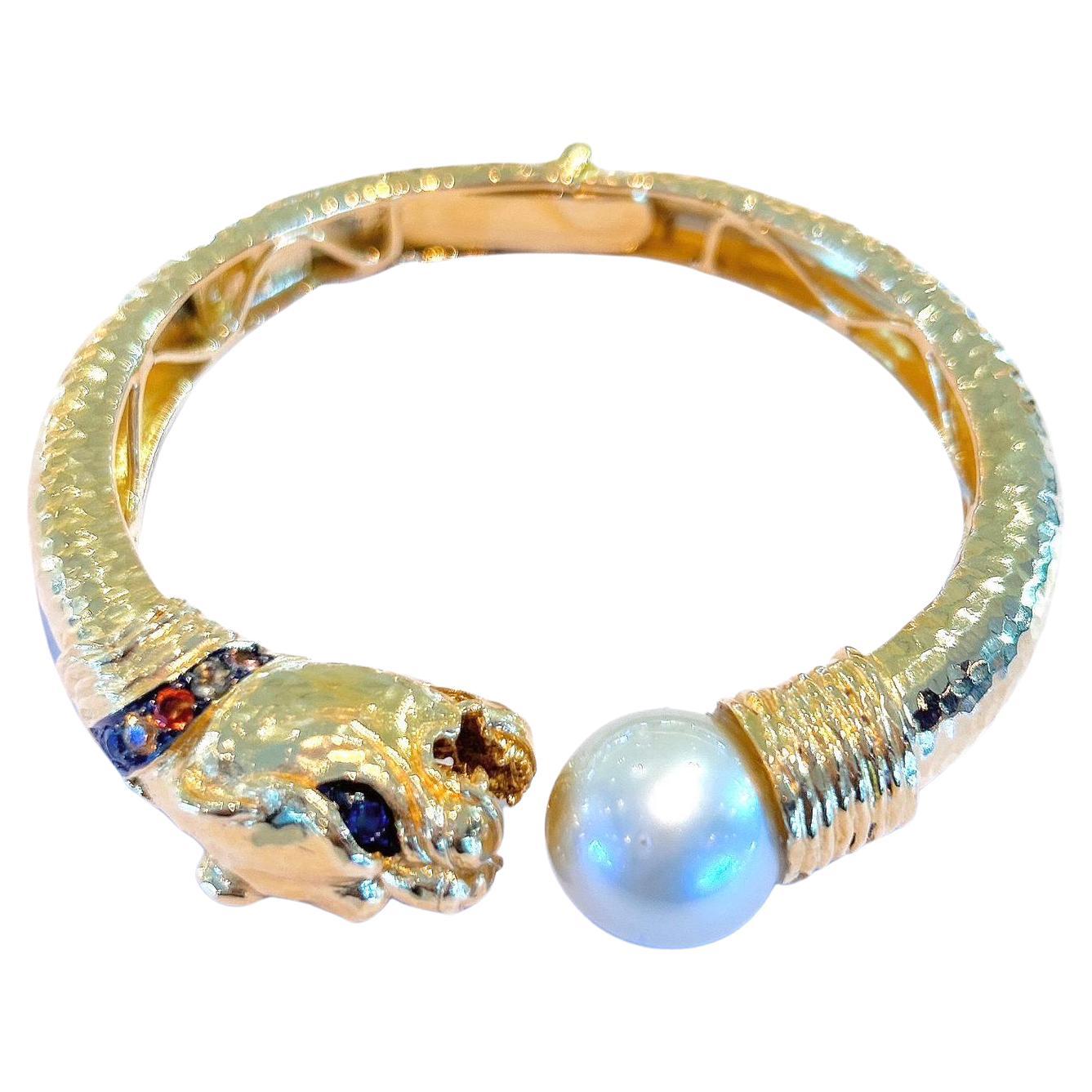 Bochic “Orient” Bangle, Sapphire & South Sea Pearl Set in 22 Gold & Silver For Sale