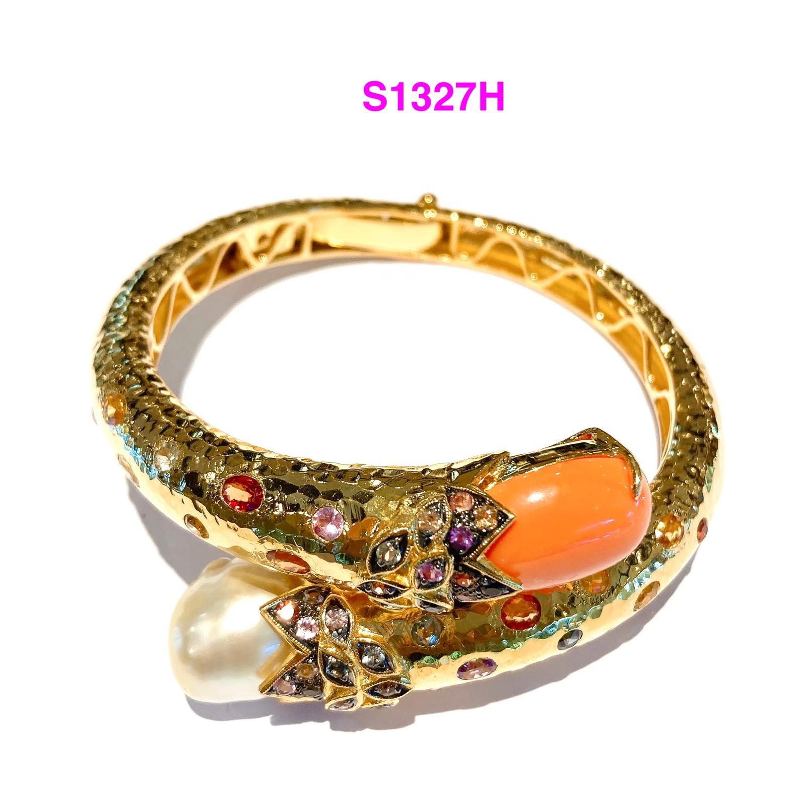 Bochic “Orient” Bangle Set 22k Gold & Silver with Coral, Sapphires & Pearls For Sale 5