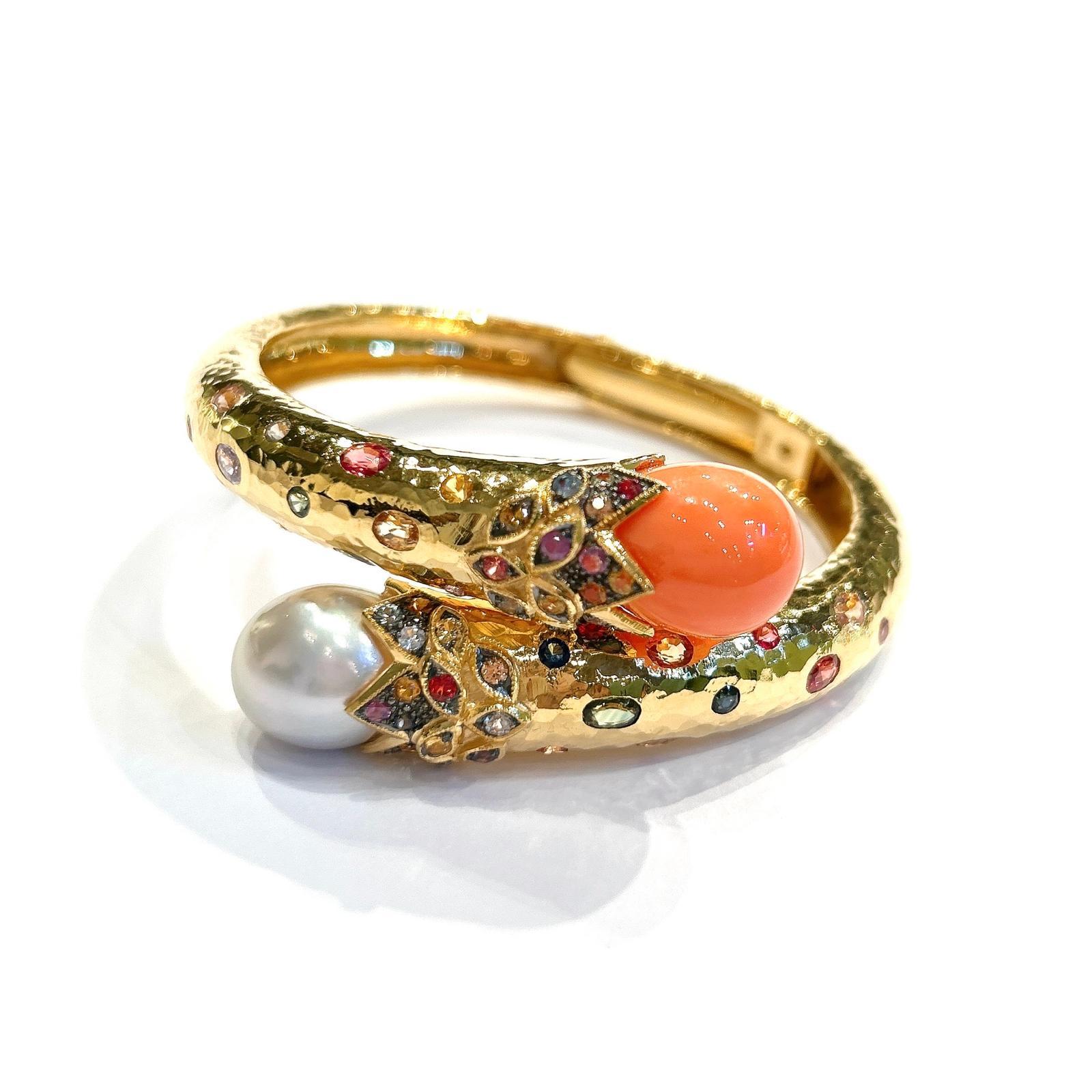 Bochic “Orient” Bangle Set 22k Gold & Silver with Coral, Sapphires & Pearls For Sale 6