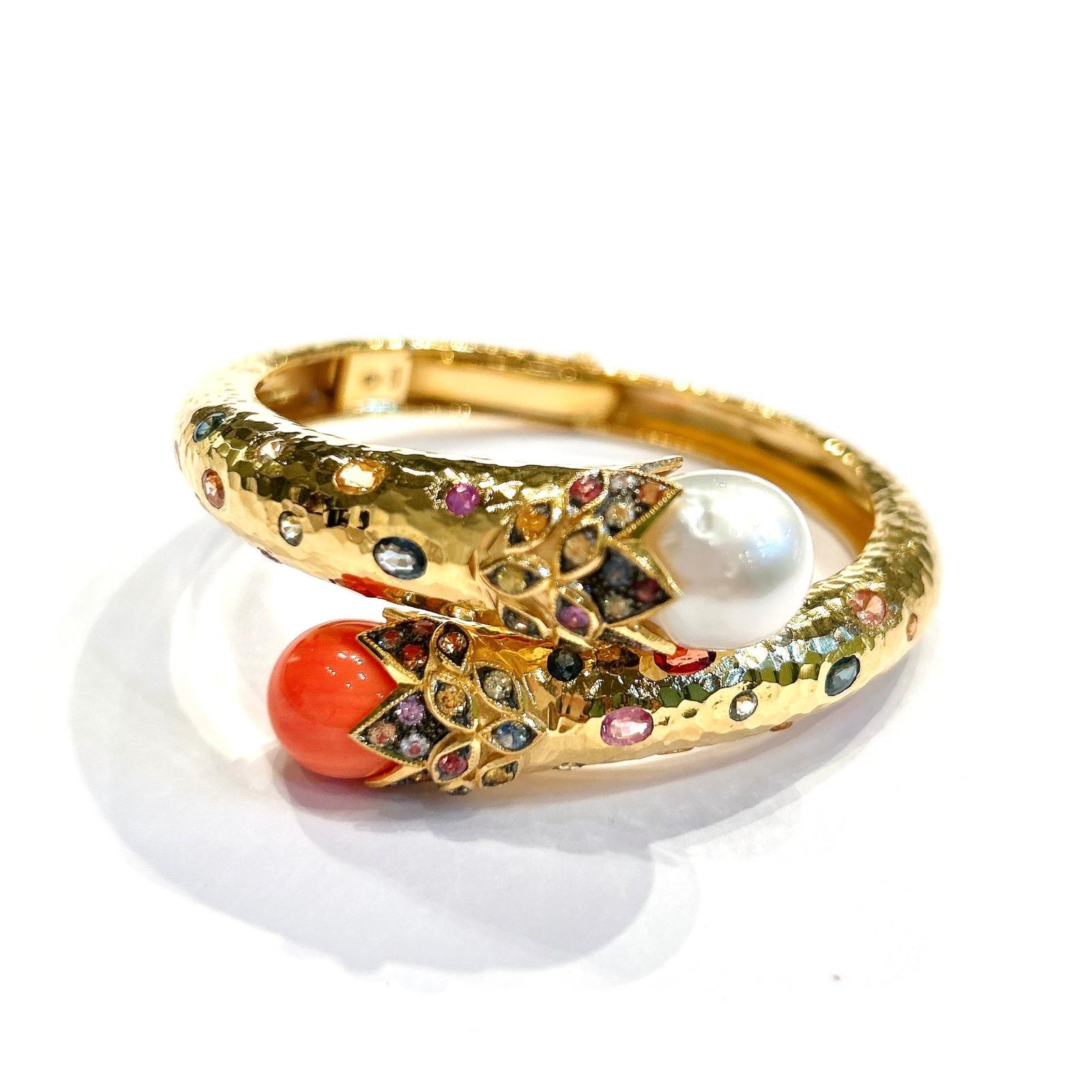 Bochic “Orient” Bangle Set 22k Gold & Silver with Coral, Sapphires & Pearls For Sale 7