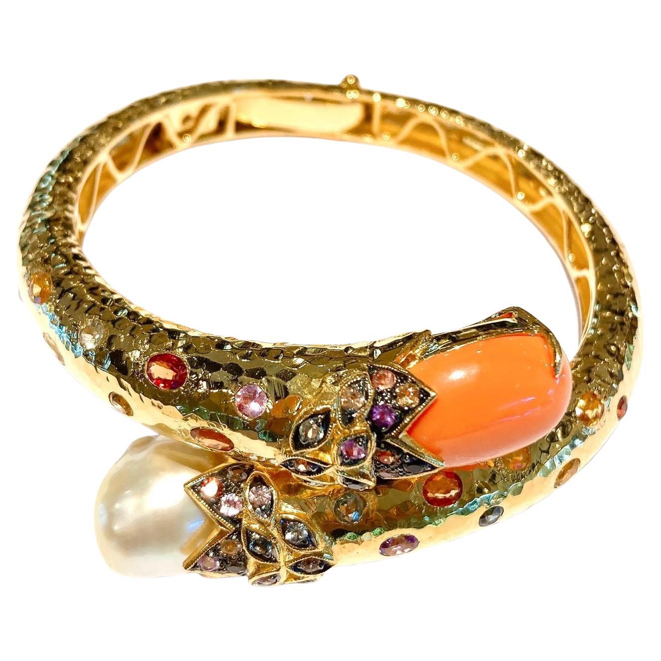 Baroque Bochic “Orient” Bangle Set 22k Gold & Silver with Coral, Sapphires & Pearls For Sale