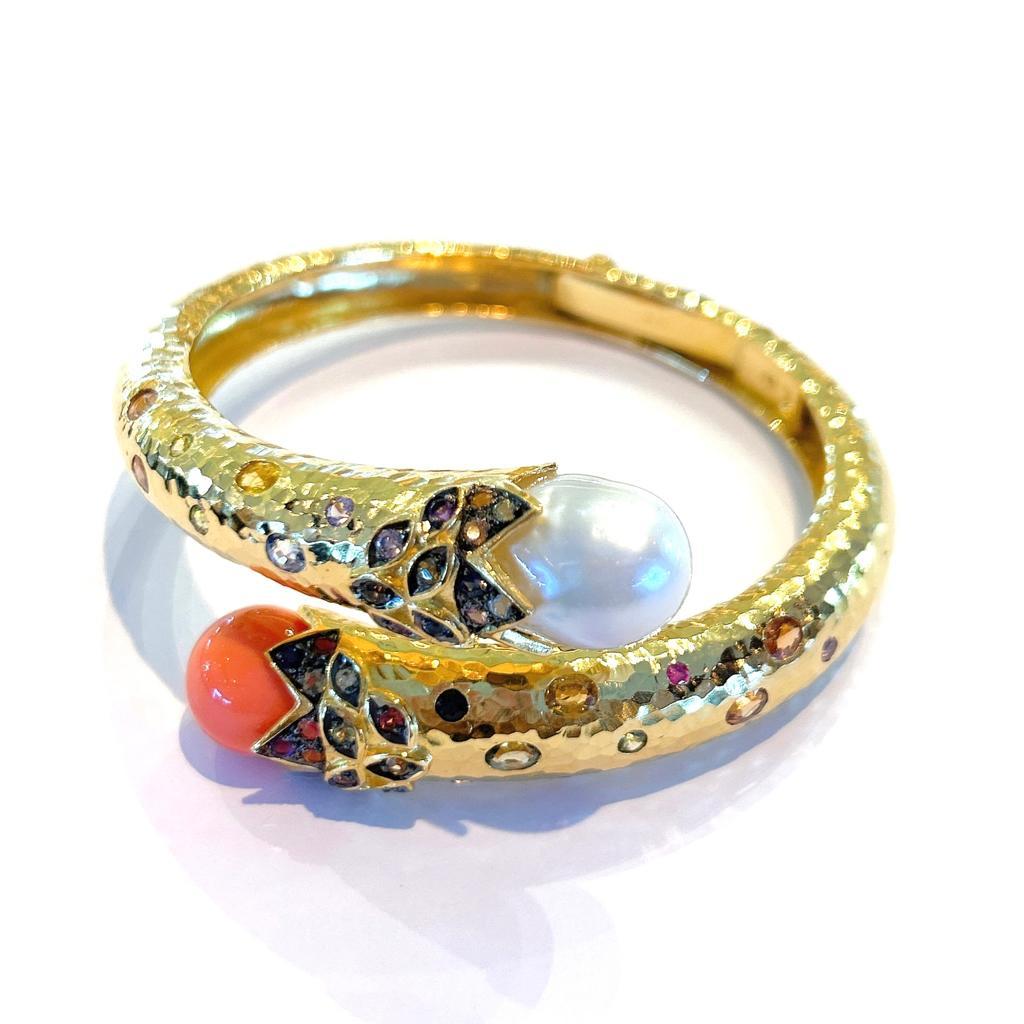 BOCHIC “Orient” Bangle Set 22k Gold & Silver with Pearls & Fancy Color Sapphires In New Condition In New York, NY