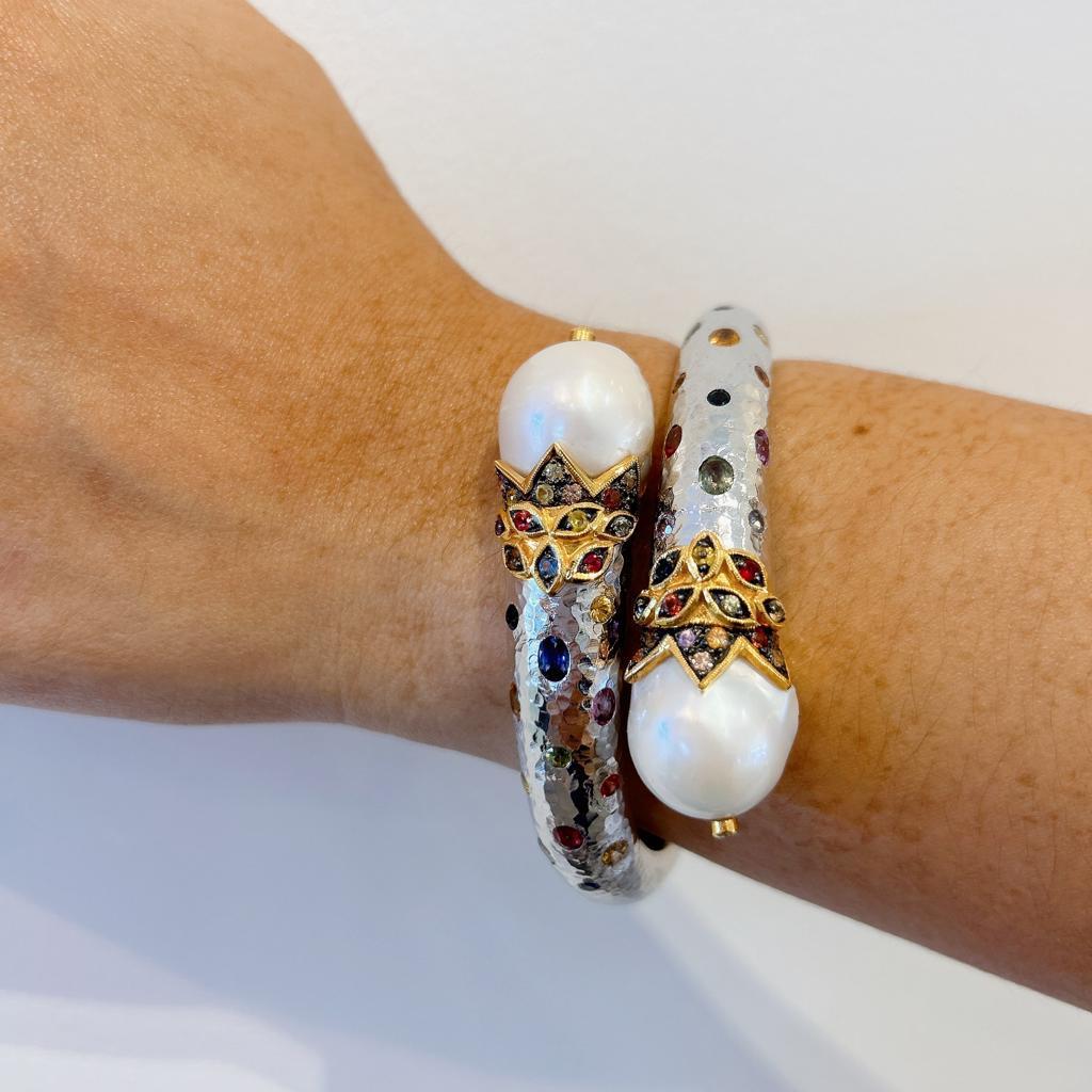 BOCHIC “Orient” Bangle Set 22k Gold & Silver with Pearls & Fancy Color Sapphires For Sale 2