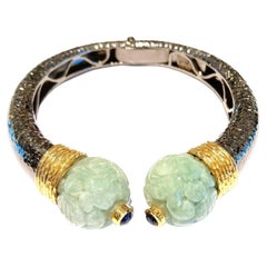Bochic “Orient” Bangle Set 22k Gold & Silver with Vintage Carved Jade