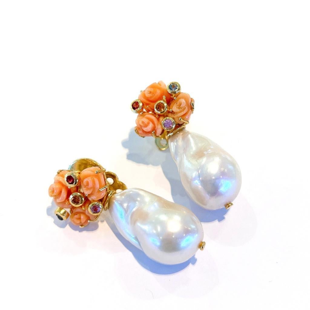 Bochic “Orient” Baroque Pearl & Bamboo Coral Earrings Set In 18K Gold & Silver 
Fancy color sapphires from Sri Lanka - 1 carat 
Baroque fresh water pearls 
Bamboo flower salmon coral 
The earrings from the 