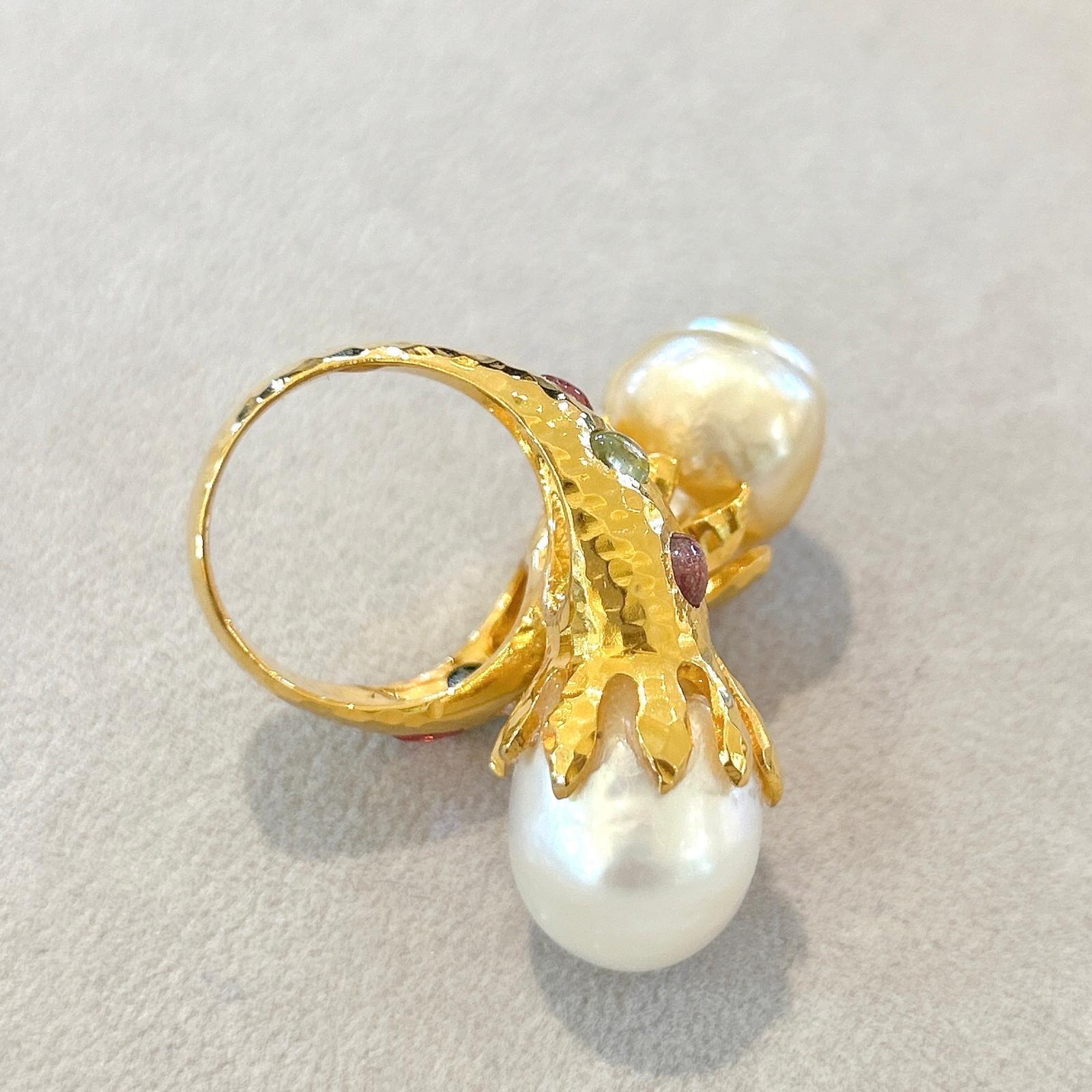 Bochic “Orient” Baroque Pearl & Multi Sapphires Ring Set In 18K Gold & Silver For Sale 8