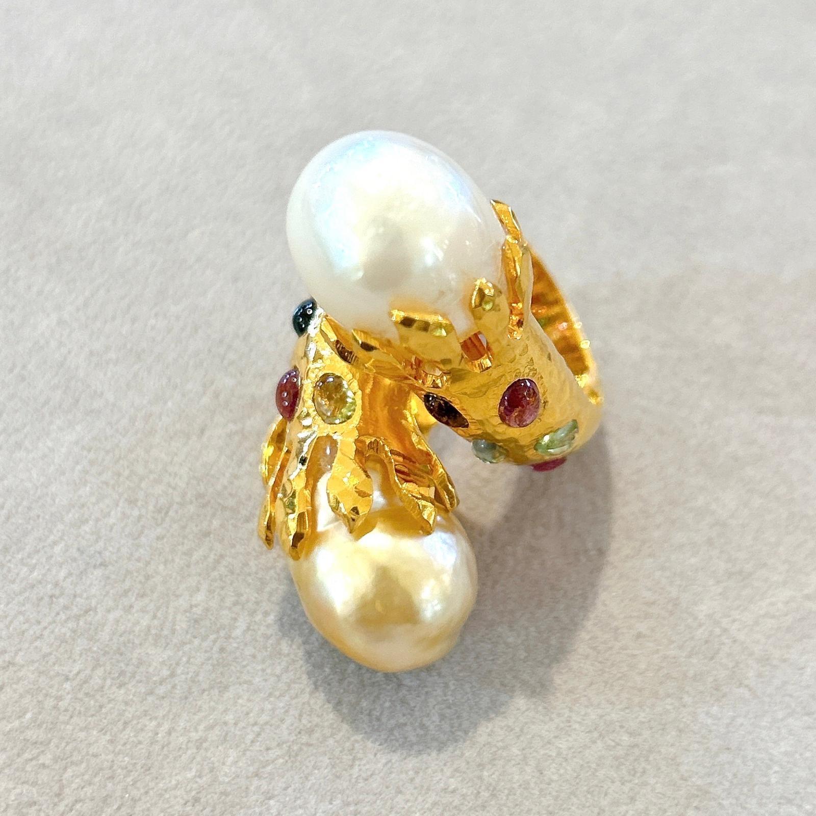 Bochic “Orient” Baroque Pearl & Multi Sapphires Ring Set In 18K Gold & Silver For Sale 9