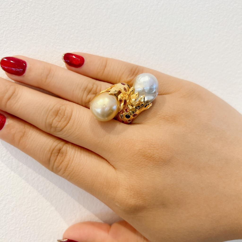 Bochic “Orient” Baroque Pearl & Multi Sapphires Ring Set In 18K Gold & Silver 
Baroque South Sea Pearls White and Golden Colors
Multi color Natural Fancy Sapphires from Sri Lanka 
2 Carats 
This Ring is from the 