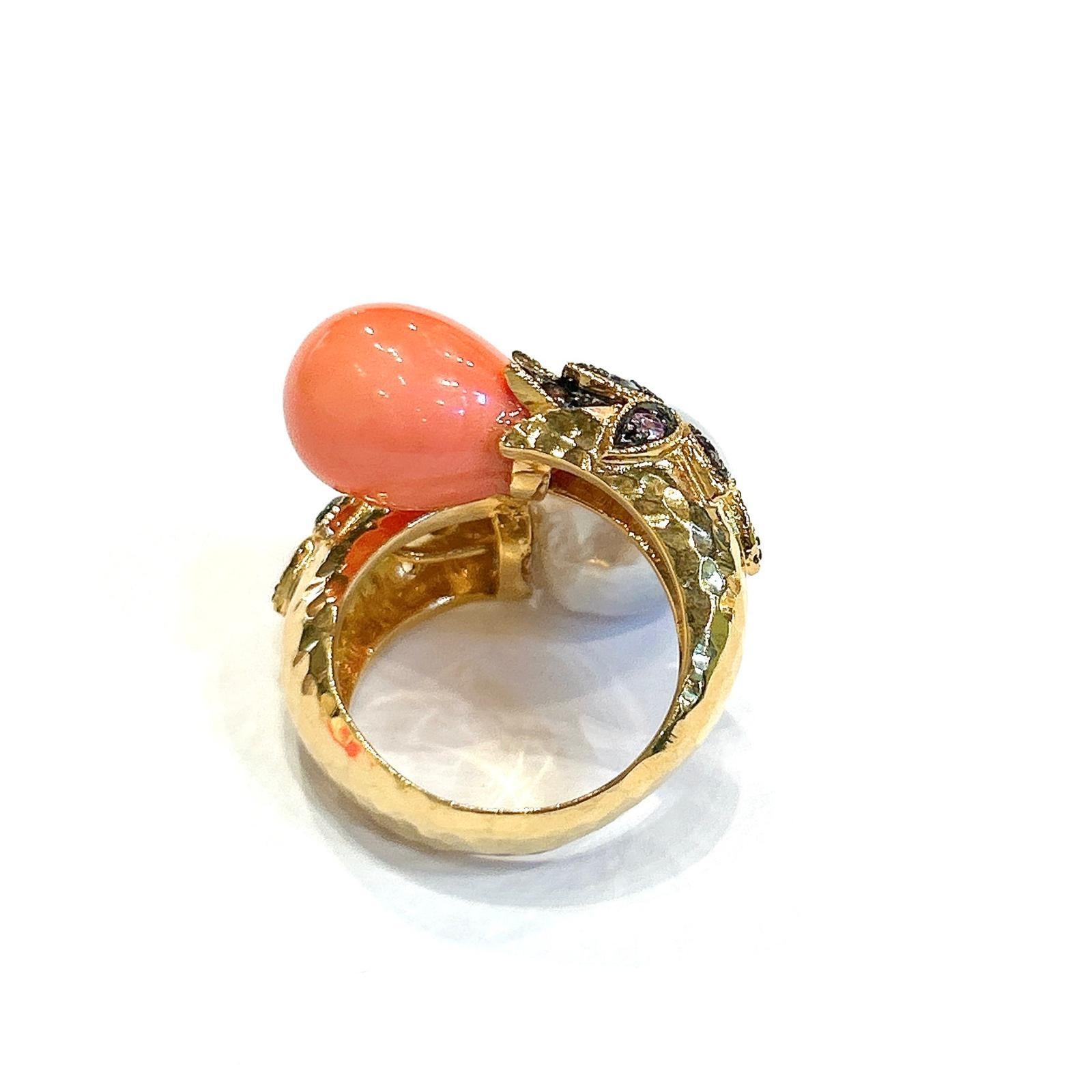 Bochic “Orient” Baroque Pearl, Coral & Multi Sapphires Ring Set In 18K Gold & Silver 
Baroque South Sea Pearls White Color
Multi color Natural Fancy Sapphires from Sri Lanka 
2 Carats 
This Ring is from the 