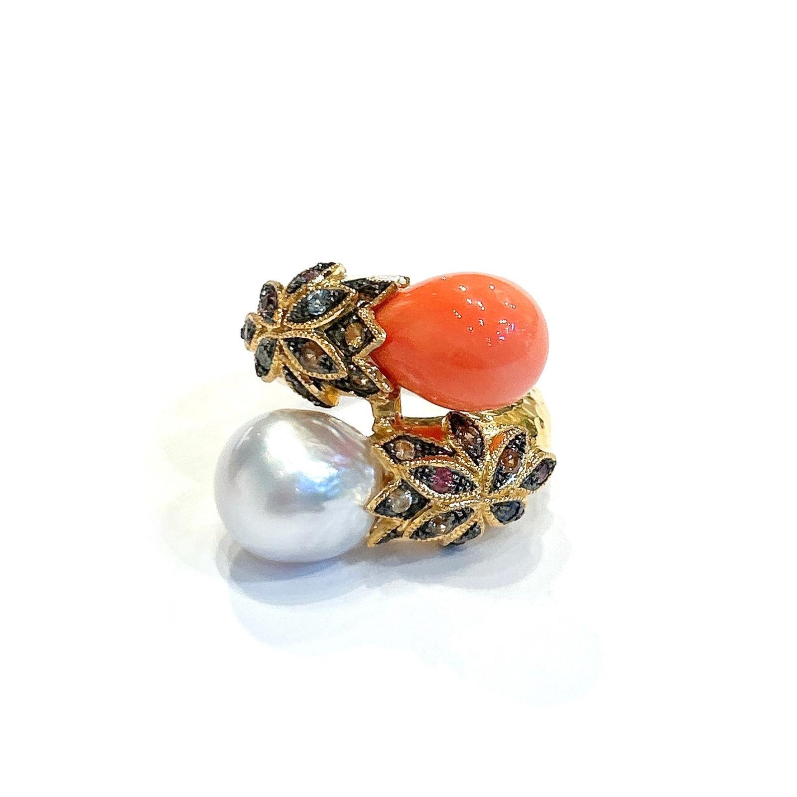 Bochic “Orient” Baroque Pearl & Multi Sapphires Ring Set In 18K Gold & Silver For Sale 1