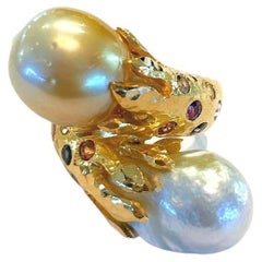 Bochic “Orient” Baroque Pearl & Multi Sapphires Ring Set In 18K Gold & Silver