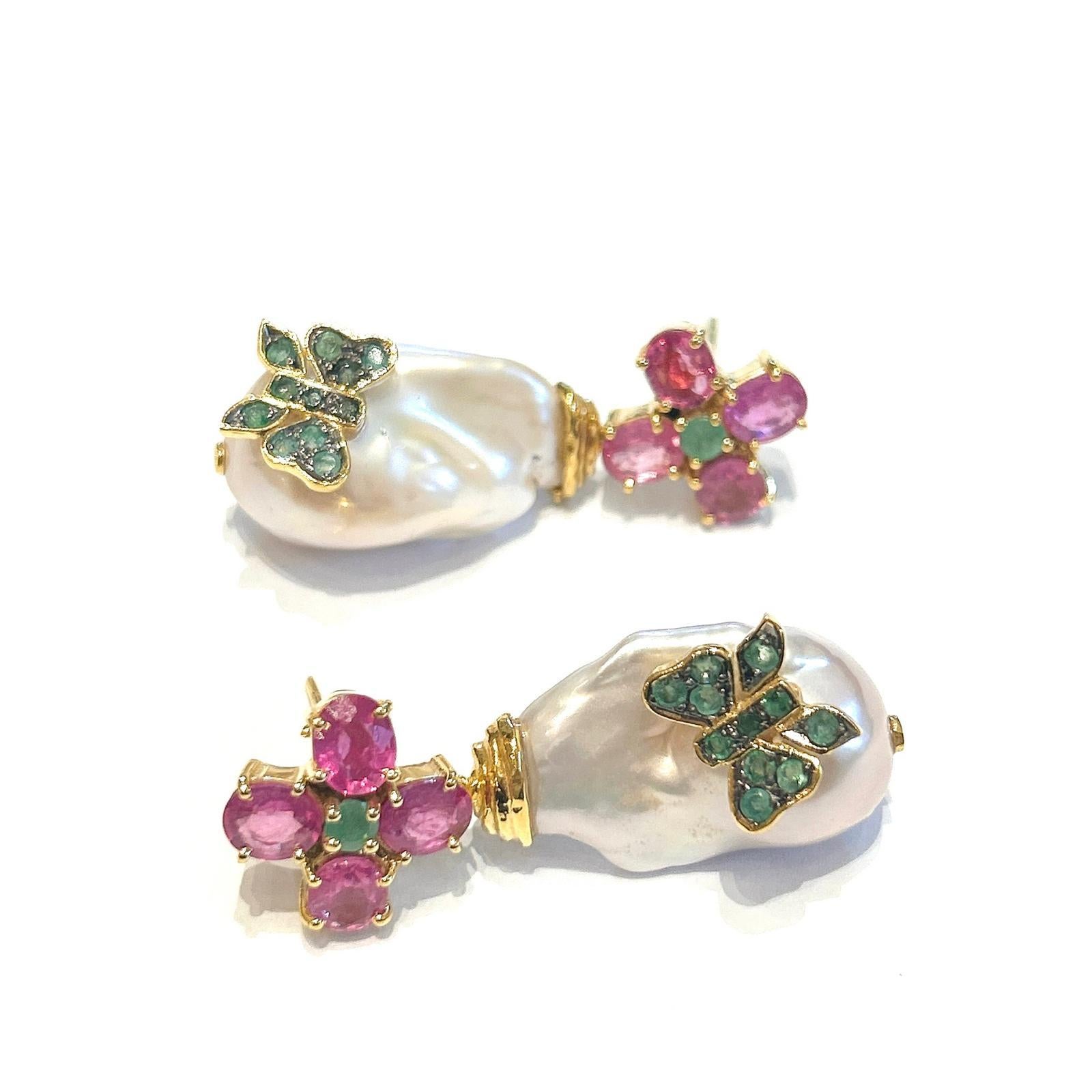 Brilliant Cut Bochic “Orient” Baroque Pearl, Ruby & Emerald Earrings Set 18K Gold&Silver