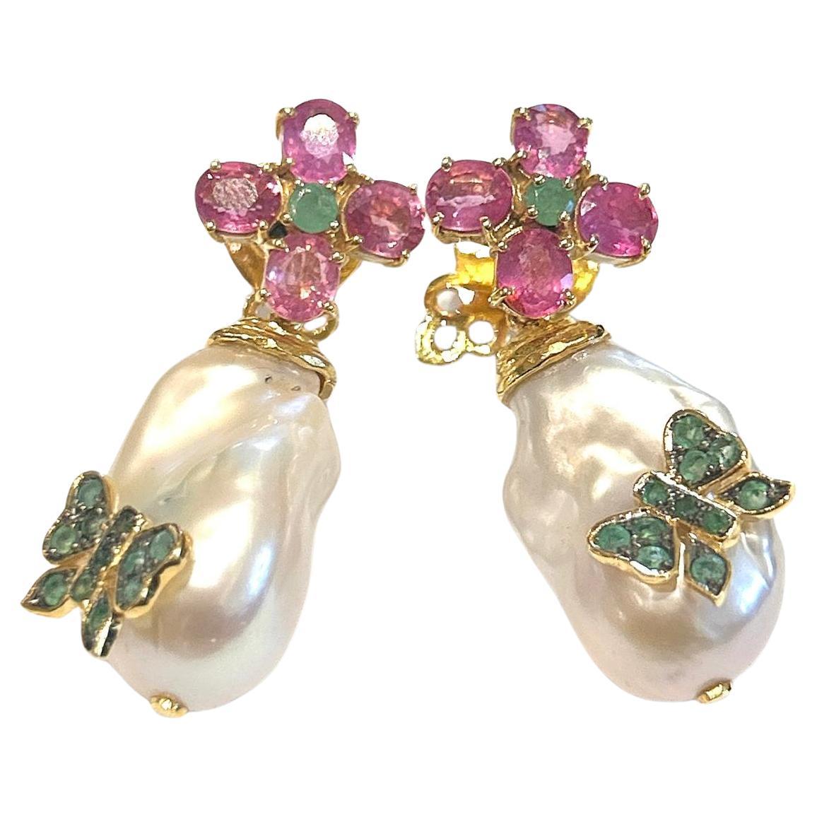 Bochic “Orient” Baroque Pearl, Ruby & Emerald Earrings Set 18K Gold&Silver 