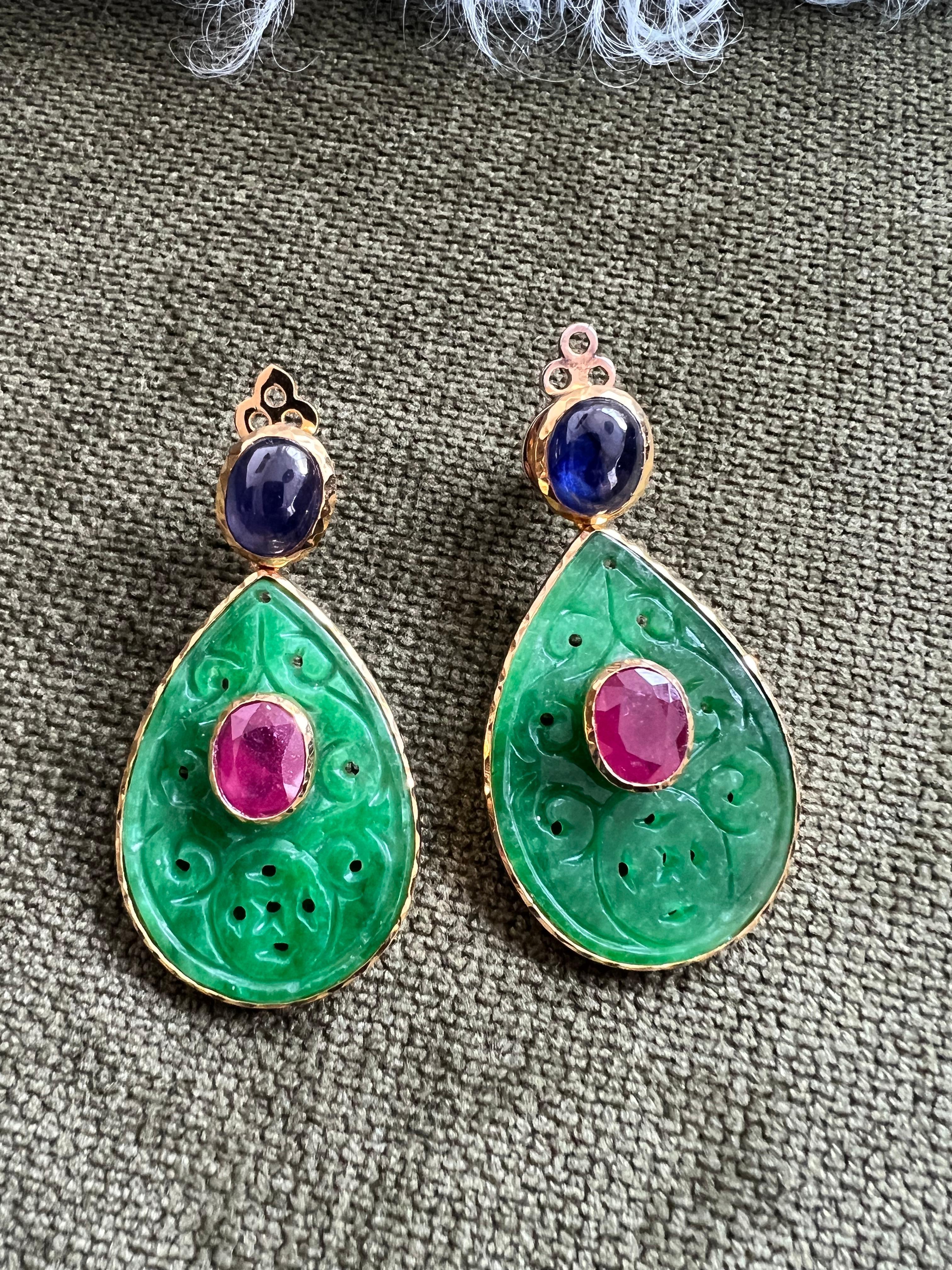Bochic “Orient” Beautiful Green Jade, Blue Sapphire & Red Ruby Earrings 5