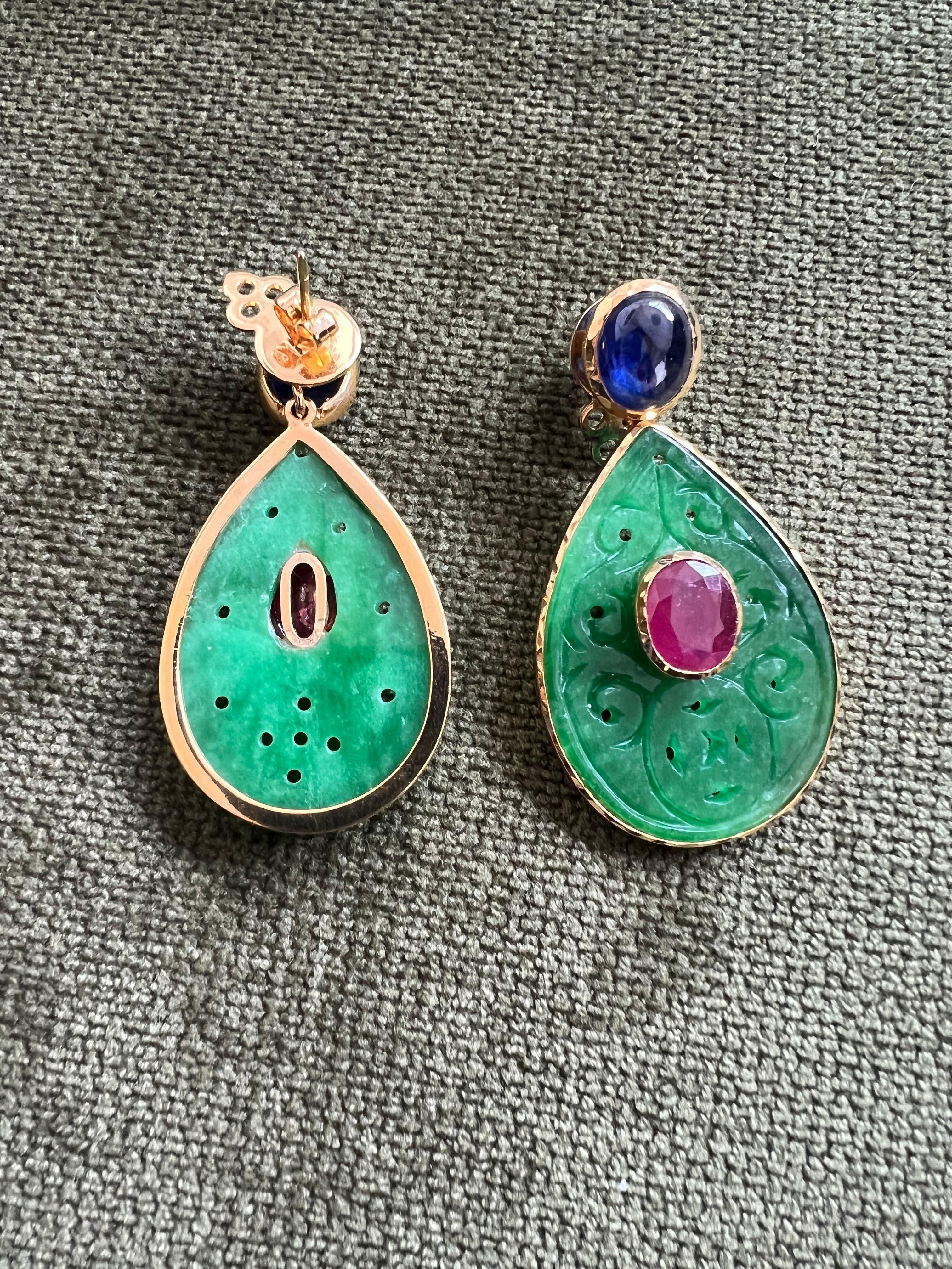 Bochic “Orient” Beautiful Green Jade, Blue Sapphire & Red Ruby Earrings 7