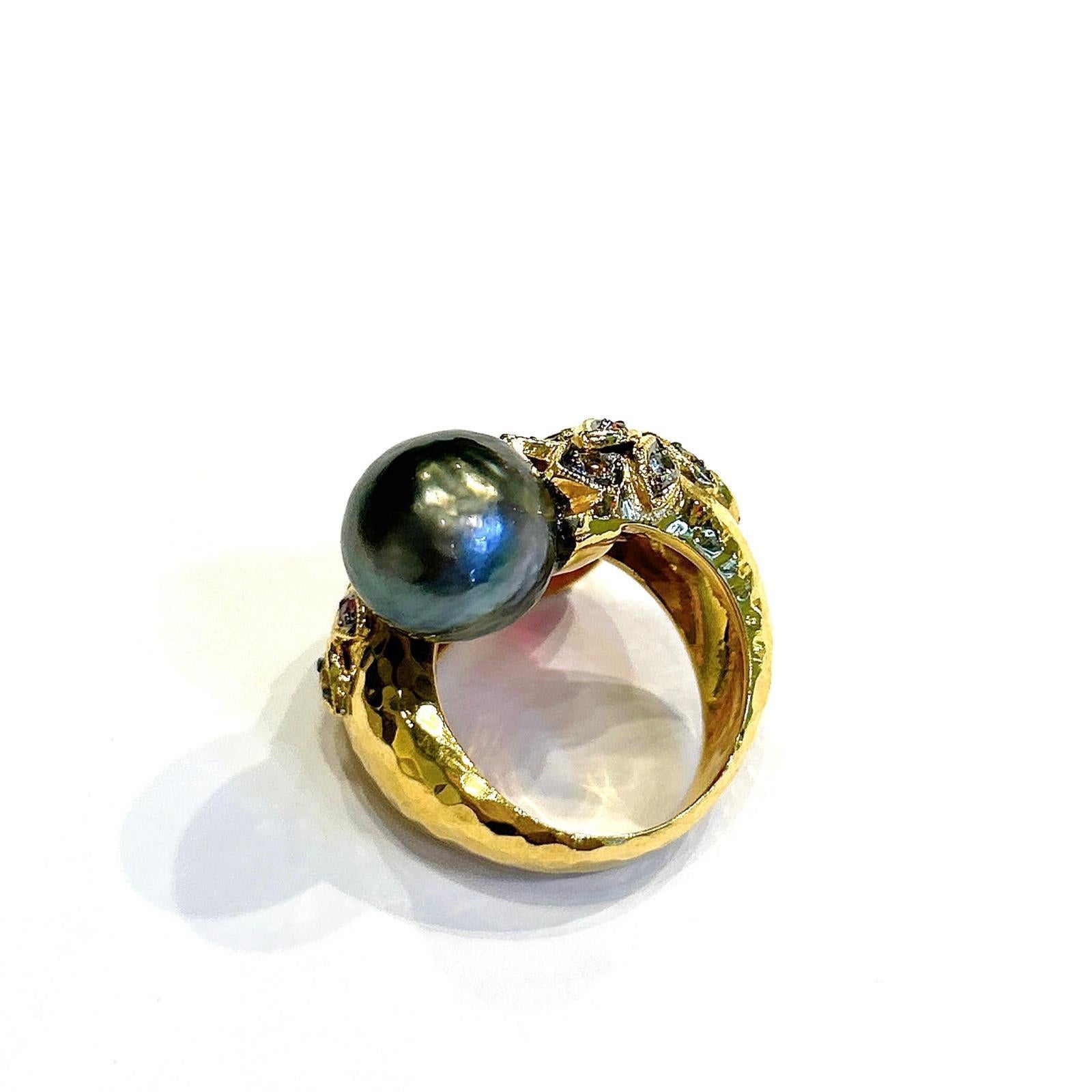 Bochic “Orient” Black Pearl & Ruby Ring Set In 18K Yellow Gold & Silver For Sale 5