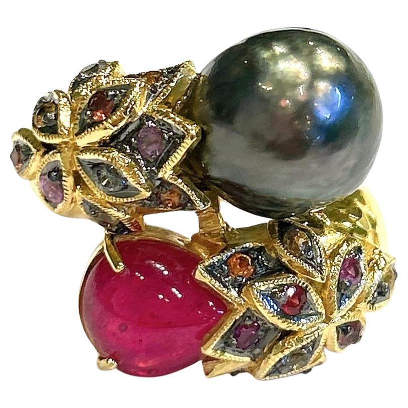 Bochic “Orient” Black Pearl & Ruby Ring Set In 18K Yellow Gold & Silver