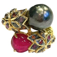 Bochic “Orient” Black Pearl & Ruby Ring Set In 18K Yellow Gold & Silver