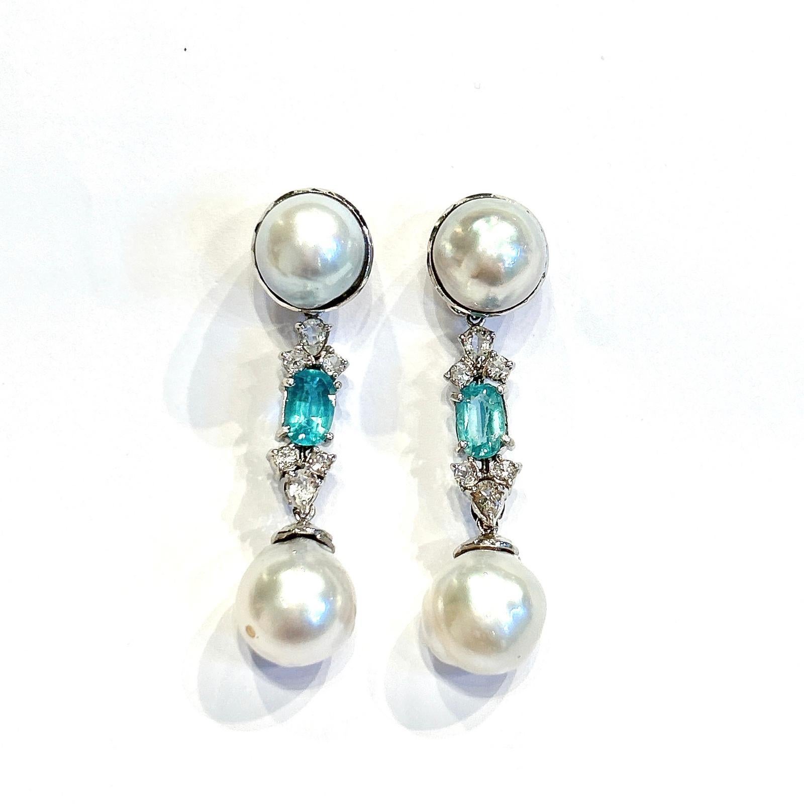 Bochic “Orient” Blue Apatite & South Sea Pearls Earrings Set 18K Gold & Silver For Sale 5