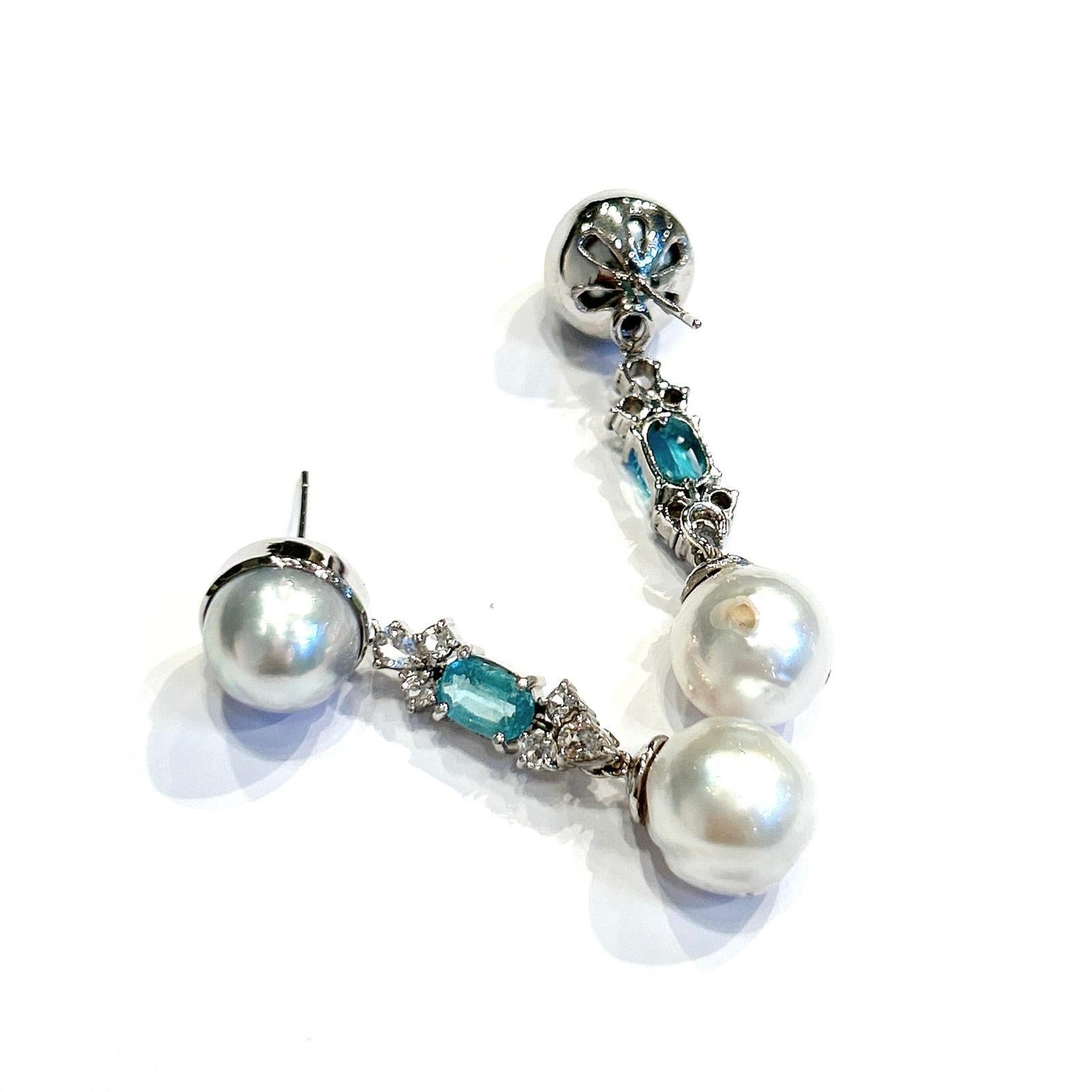 Bochic “Orient” Blue Apatite & South Sea Pearls Earrings Set 18K Gold & Silver 

Natural Blue Apatite  - 3 carat 
Natural White Topaz - 2.50 carat 
Baroque white south sea pearls 

The earrings from the 