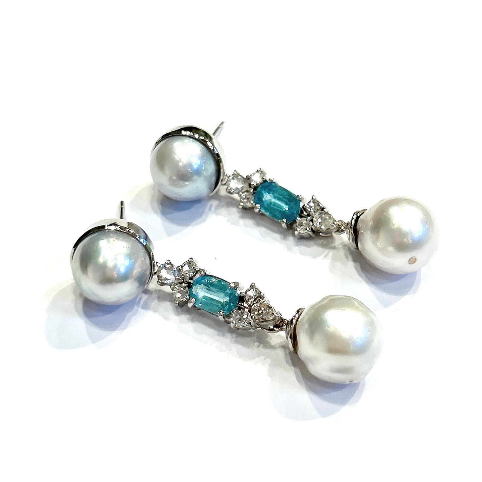 Baroque Bochic “Orient” Blue Apatite & South Sea Pearls Earrings Set 18K Gold & Silver For Sale