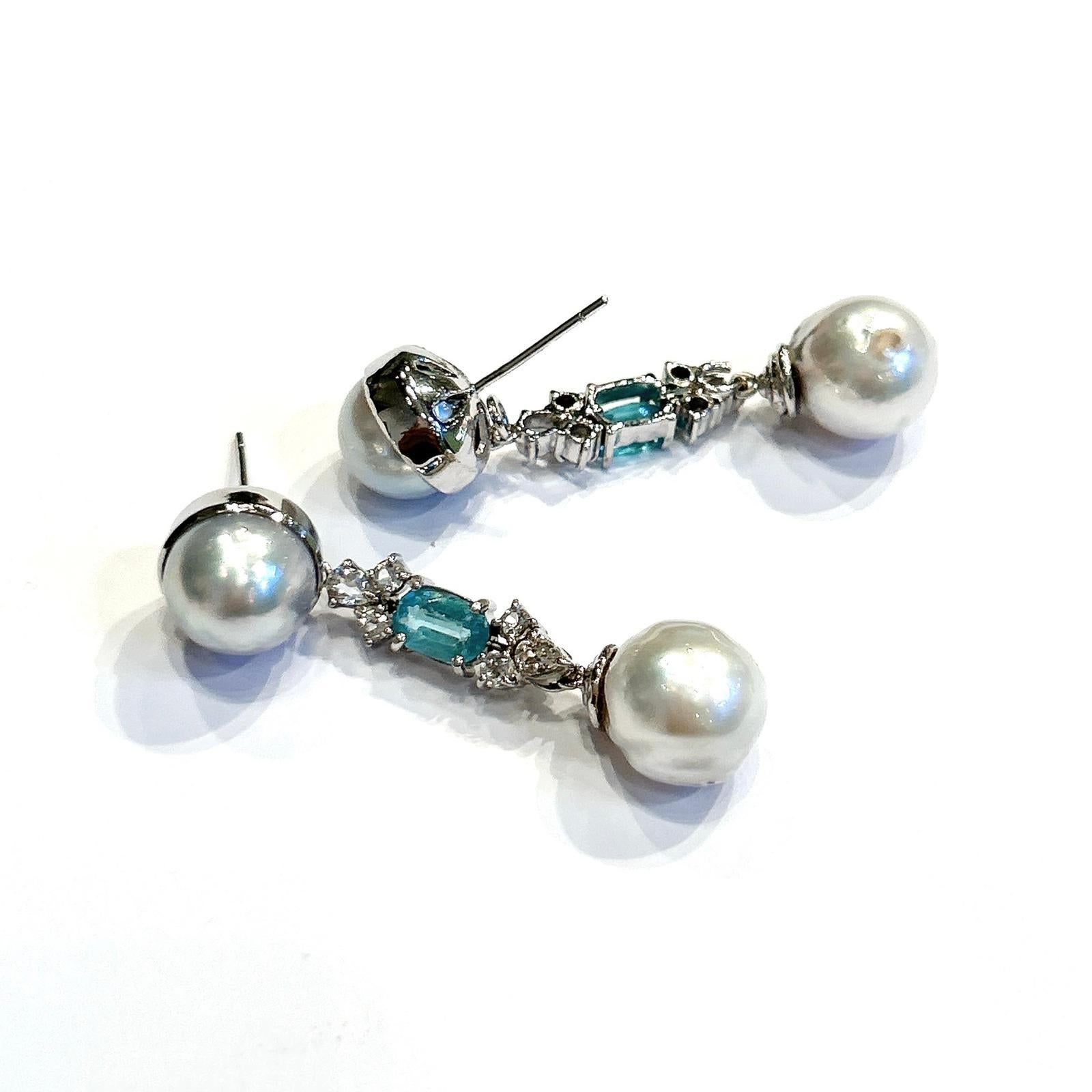 Brilliant Cut Bochic “Orient” Blue Apatite & South Sea Pearls Earrings Set 18K Gold & Silver For Sale