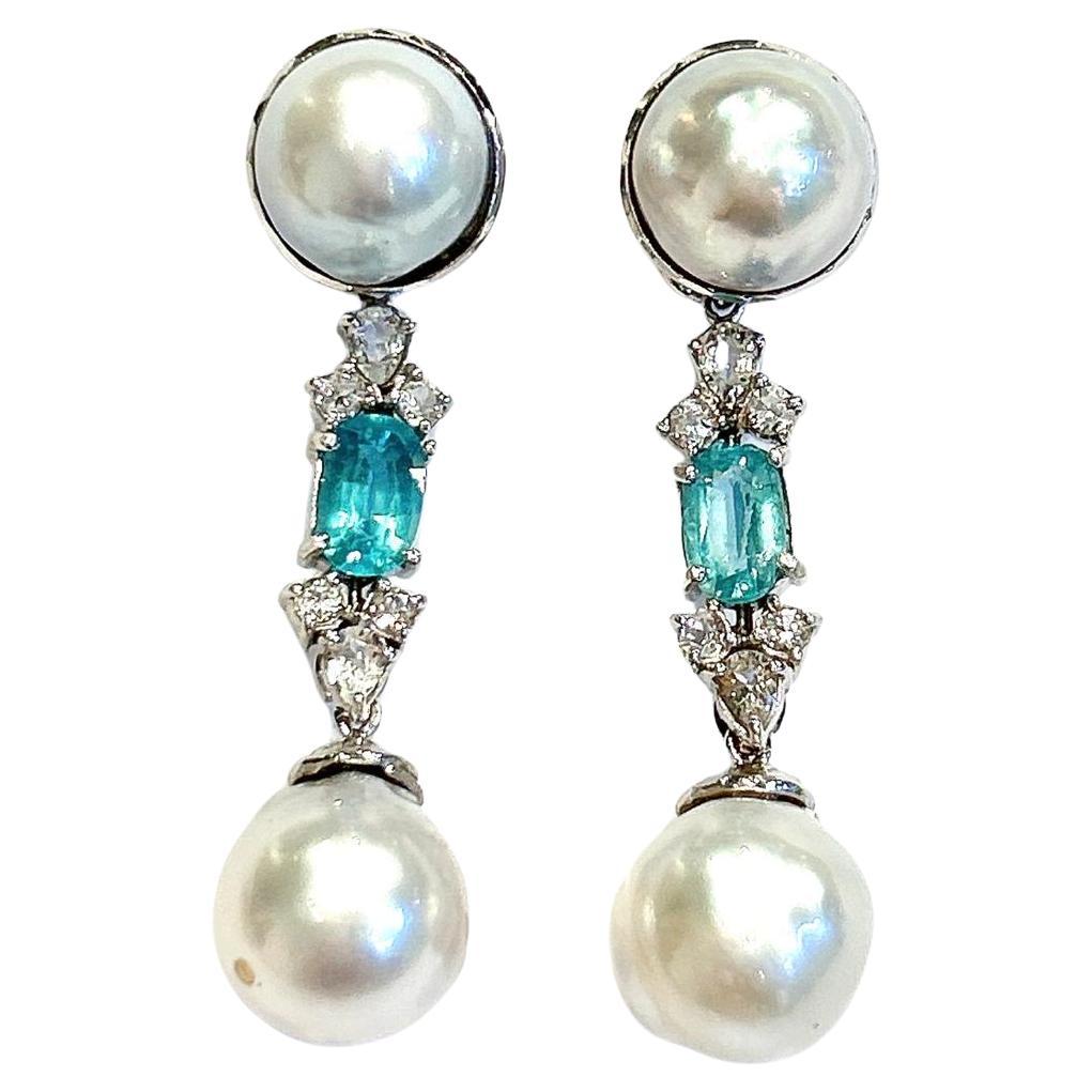 Bochic “Orient” Blue Apatite & South Sea Pearls Earrings Set 18K Gold & Silver
