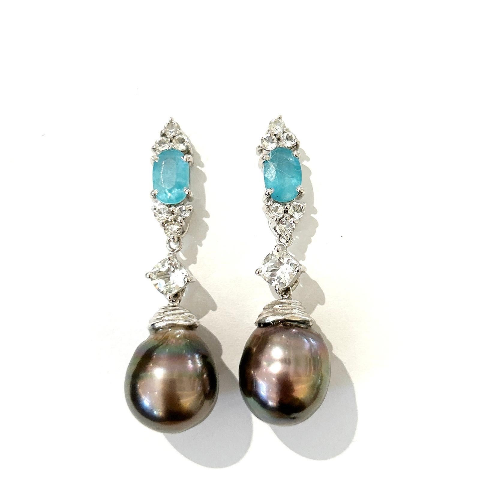 Brilliant Cut Bochic “Orient” Blue Appetite, Pearls & Topaz Earrings Set 18K Gold & Silver For Sale